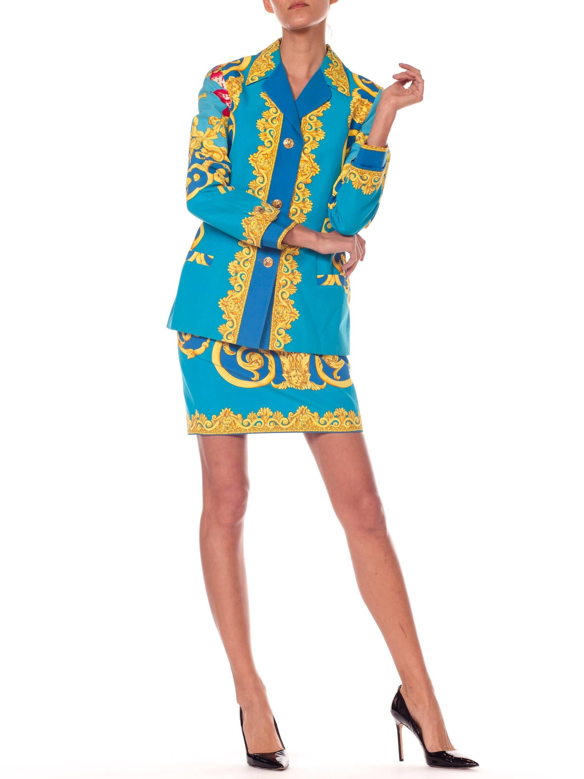 Blue 1990S GIANNI VERSACE Istante Cotton Baroque Floral Printed Skirt Suit With Gold For Sale