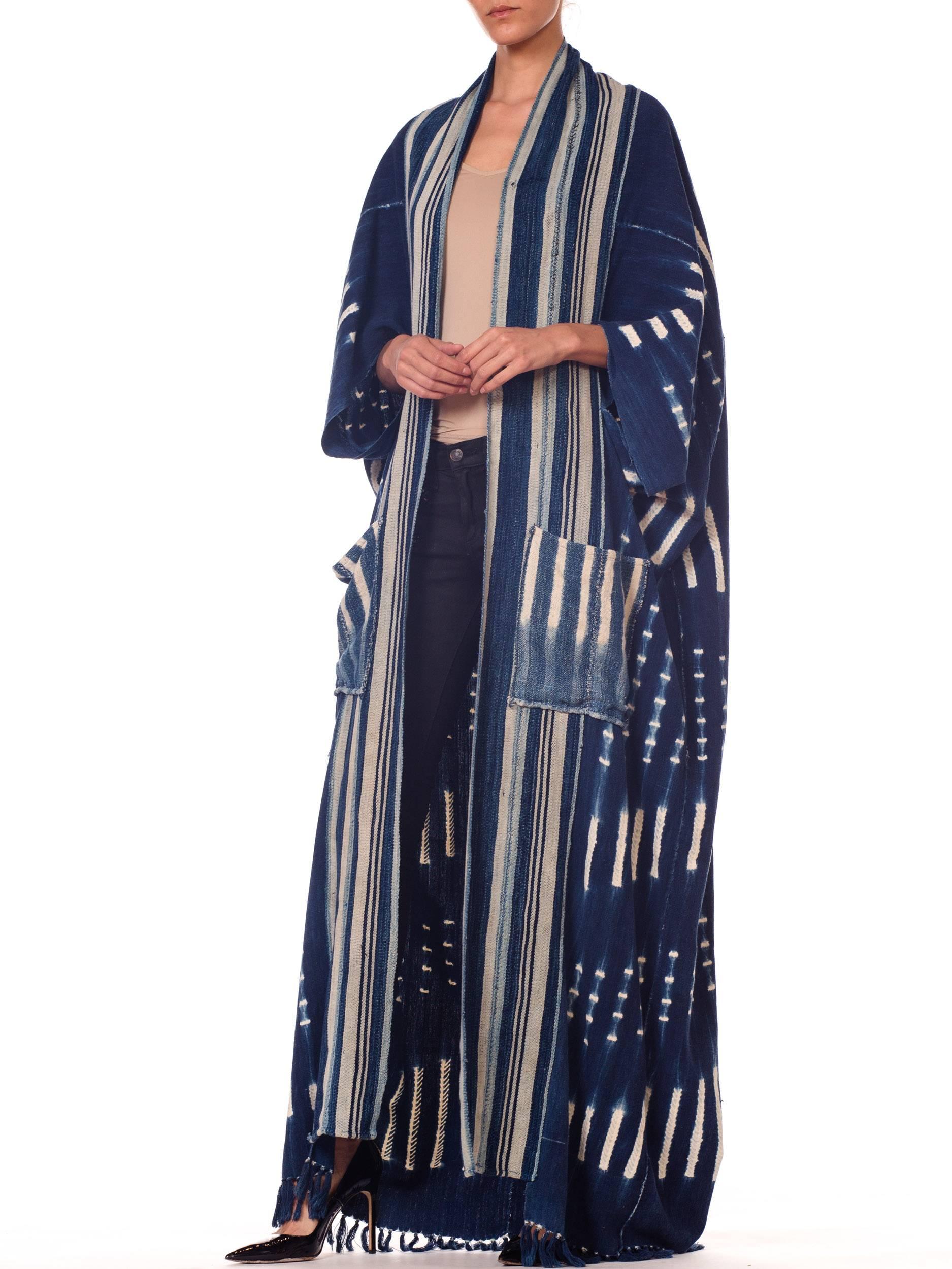 Black Morphew Collection African Handwoven Tie-dye Indigo Robe with Striped Collar