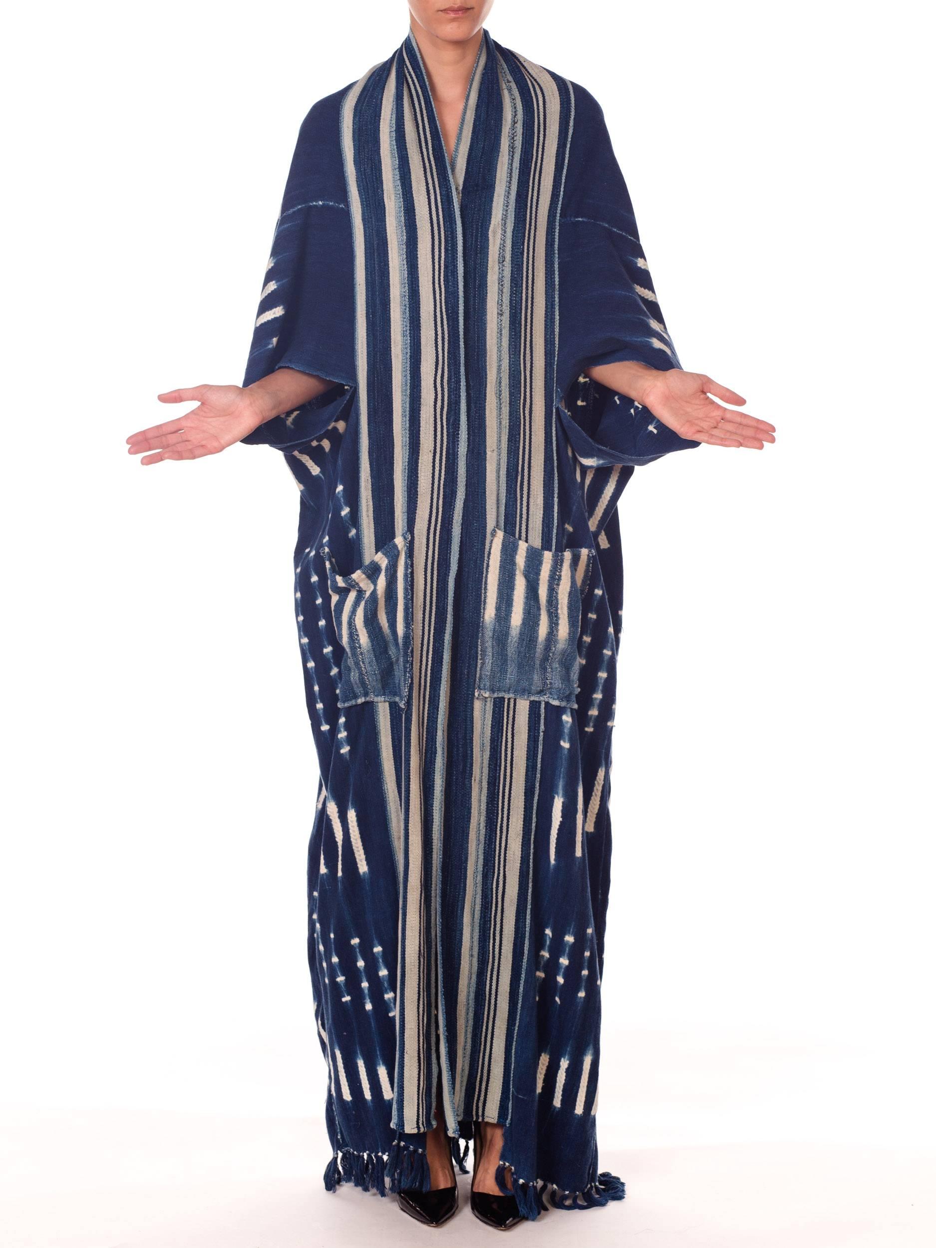 Women's or Men's Morphew Collection African Handwoven Tie-dye Indigo Robe with Striped Collar