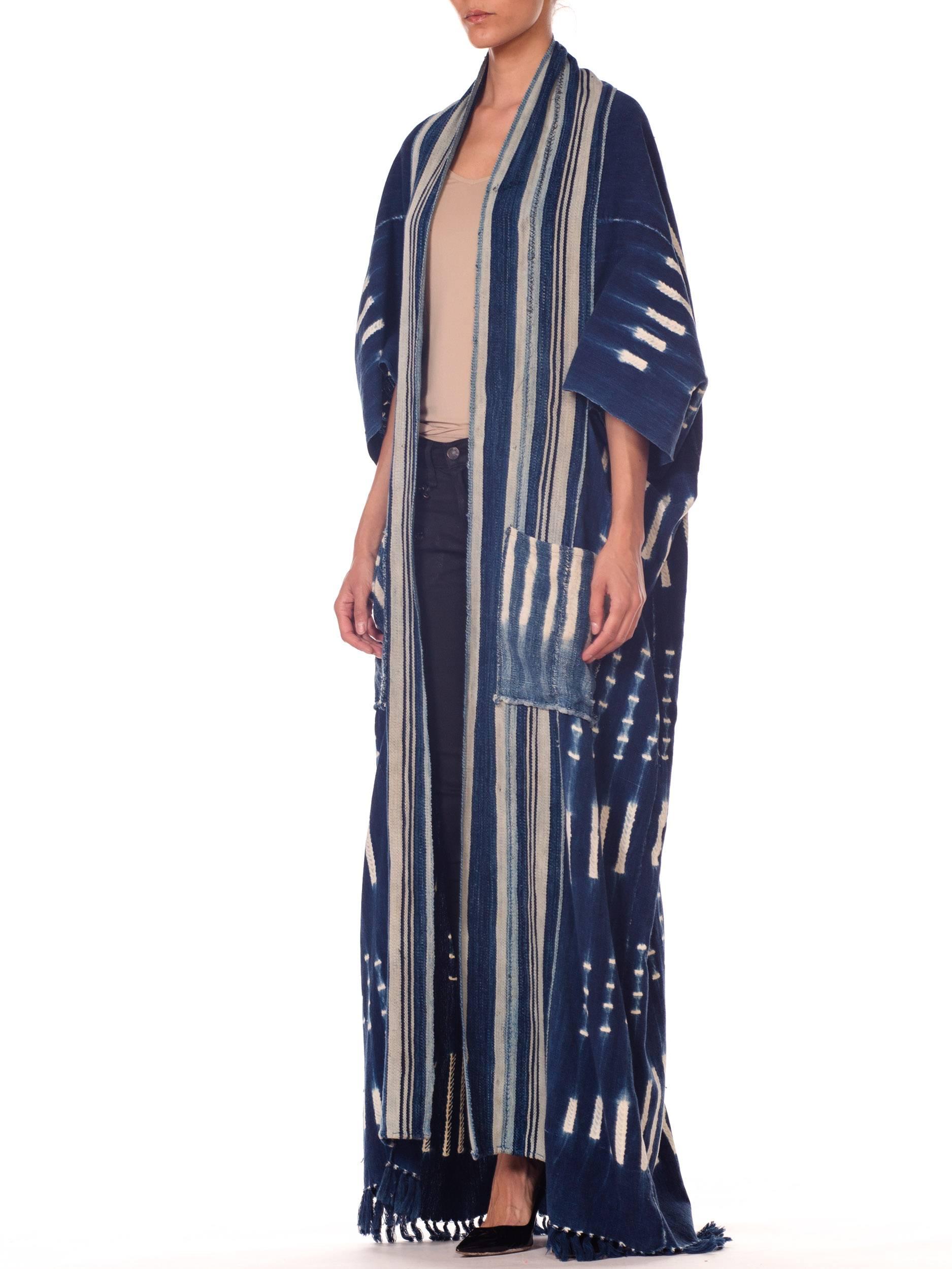 Morphew Collection African Handwoven Tie-dye Indigo Robe with Striped Collar In Excellent Condition In New York, NY