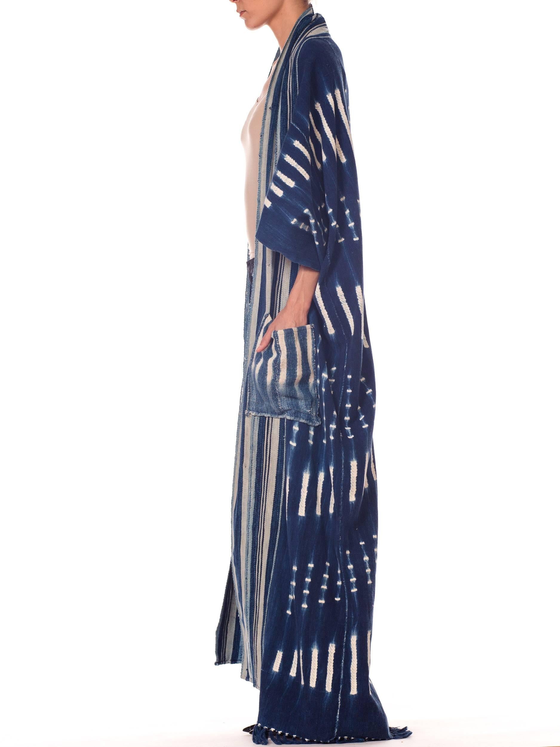 Morphew Collection African Handwoven Tie-dye Indigo Robe with Striped Collar 1