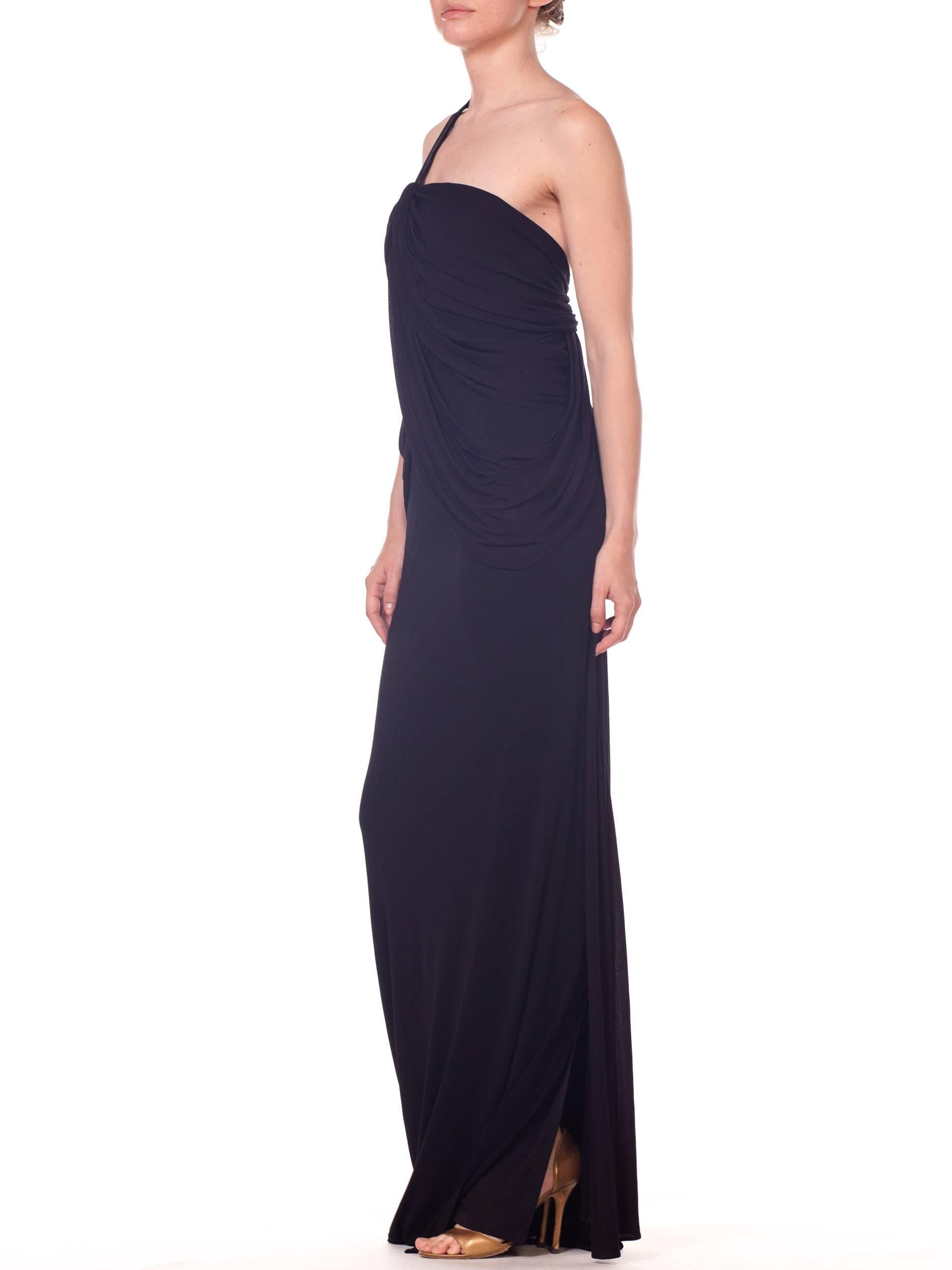Women's 2000S Black Poly/Viscose Jersey Slinky Asymmetrically Draped Gown For Sale