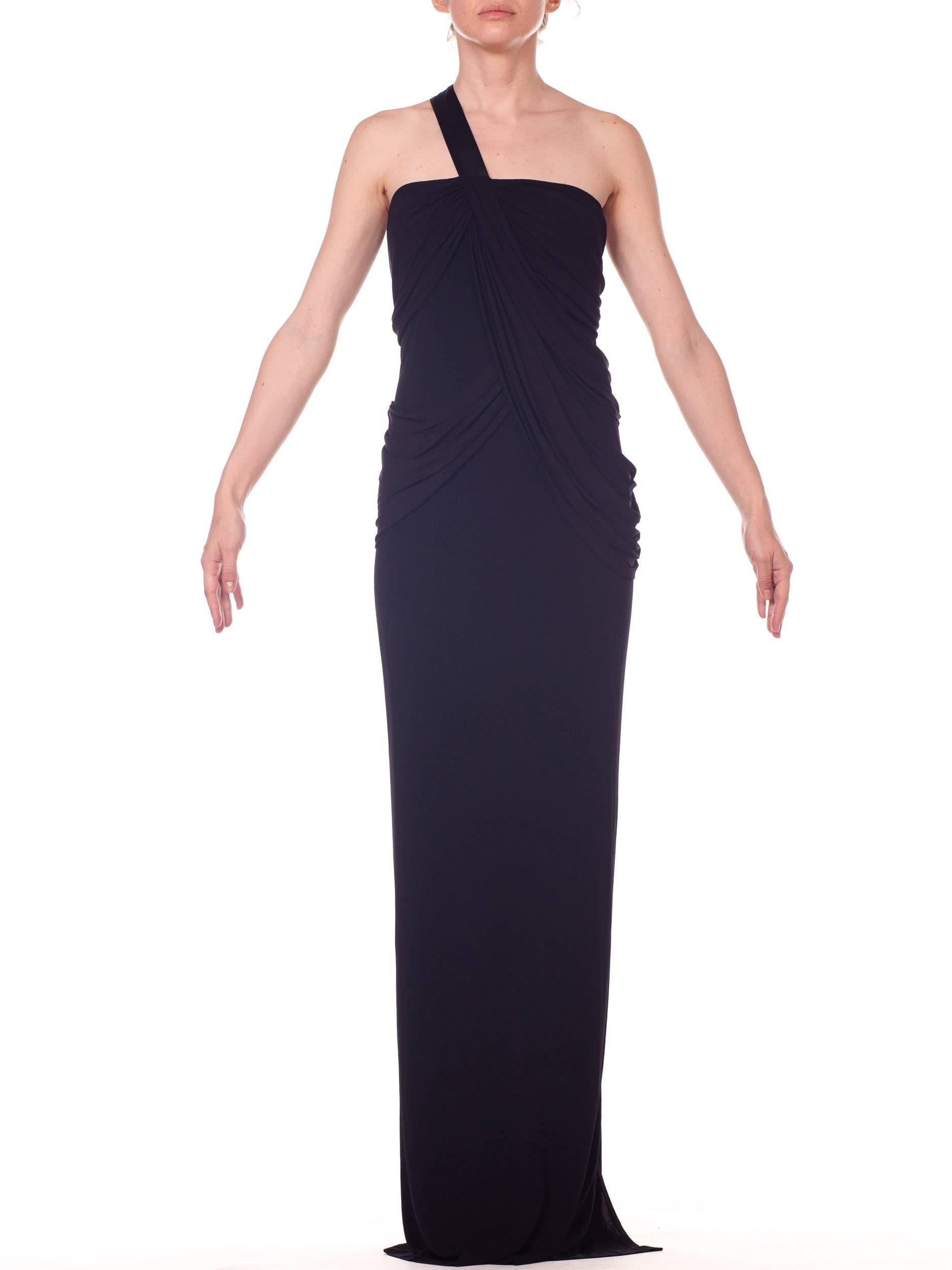 2000S Black Poly/Viscose Jersey Slinky Asymmetrically Draped Gown For Sale 1