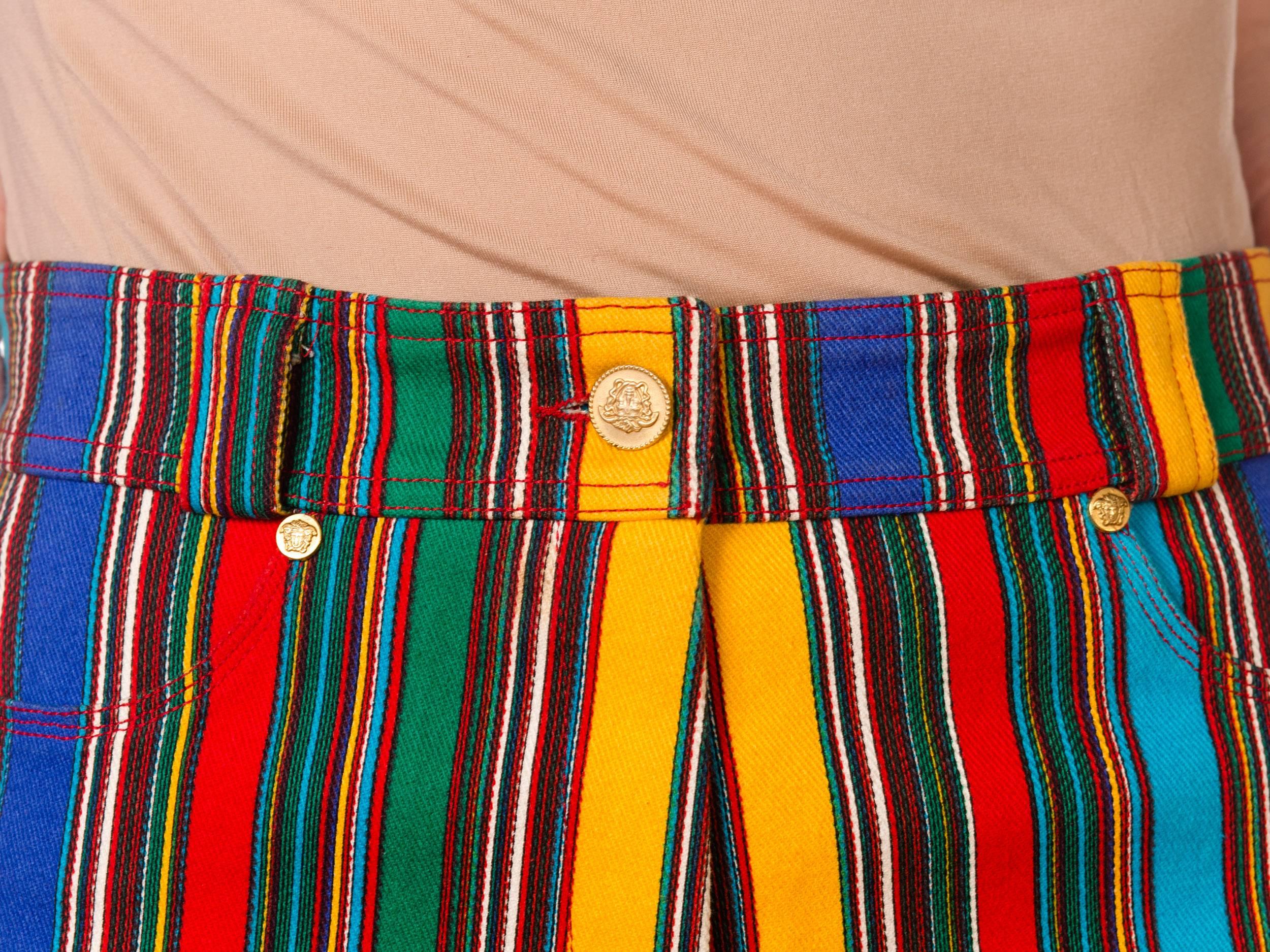 1990S GIANNI VERSACE Rainbow Striped Cotton Denim Shorts 2