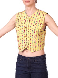 1990S GIANNI VERSACE Yellow Silk Floral Stripe Cotton Lined Vest Top With Gold