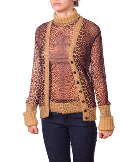 2000S JEAN PAUL GAULTIER Leopard Mesh Top And Cardigan Ensemble With Angora Trim