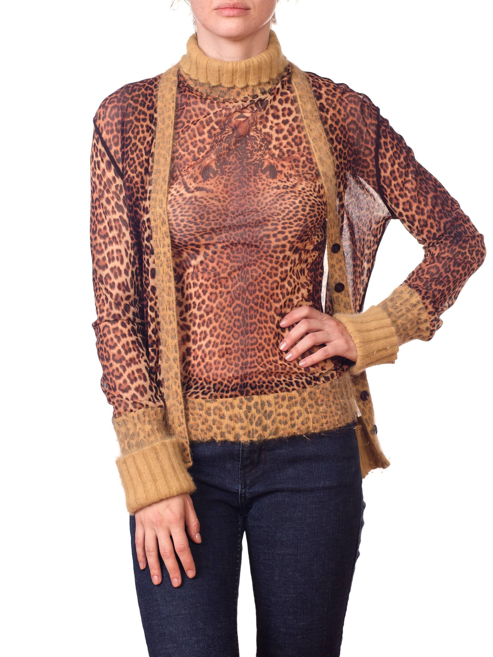 Brown 2000S JEAN PAUL GAULTIER Leopard Mesh Top And Cardigan Ensemble With Angora Trim