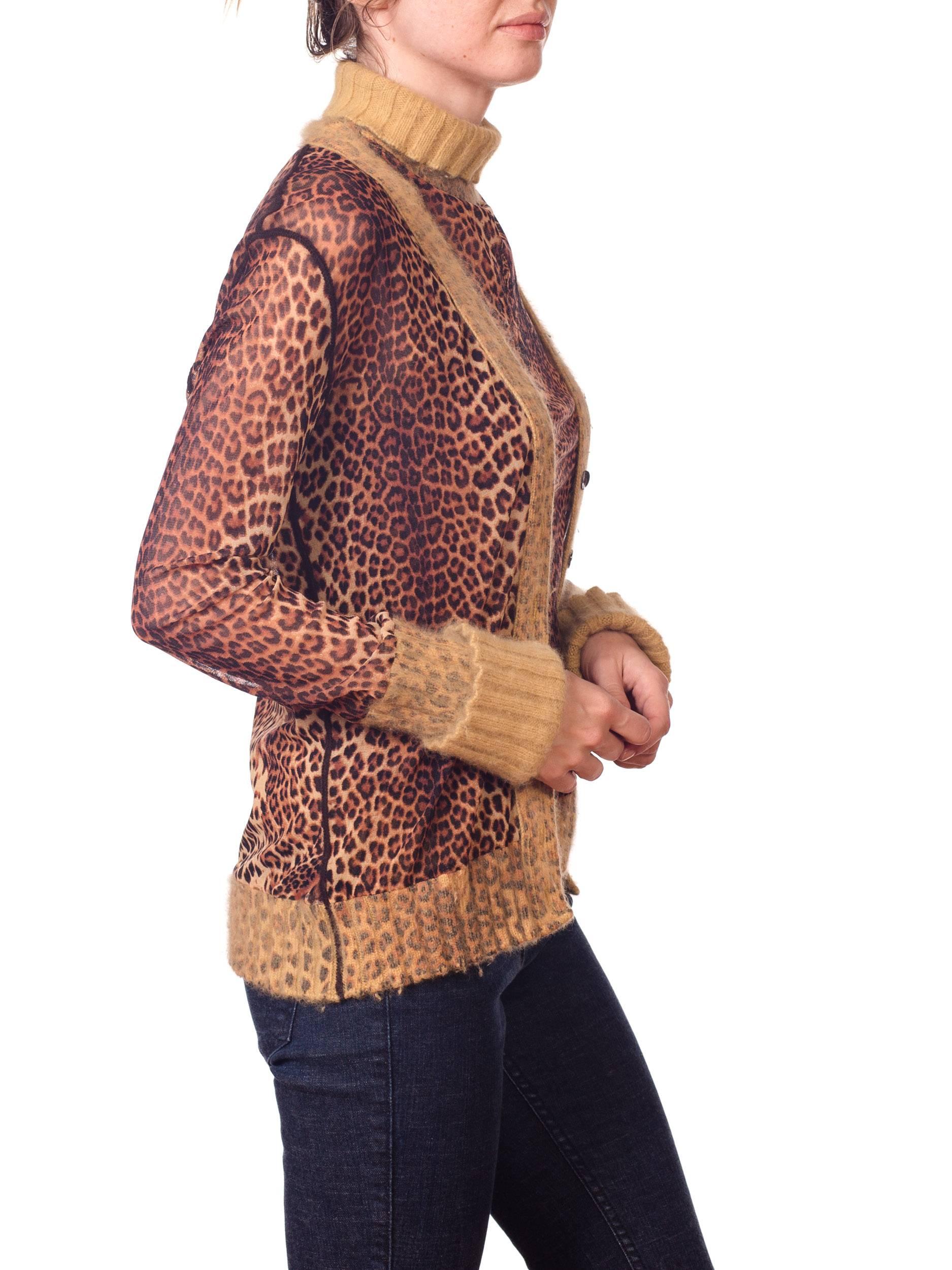 2000S JEAN PAUL GAULTIER Leopard Mesh Top And Cardigan Ensemble With Angora Trim In Excellent Condition In New York, NY