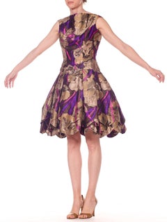 1950S Sepia & Purple Silk  Abstract Floral Dress With Petaled Drop-Waist Skirt