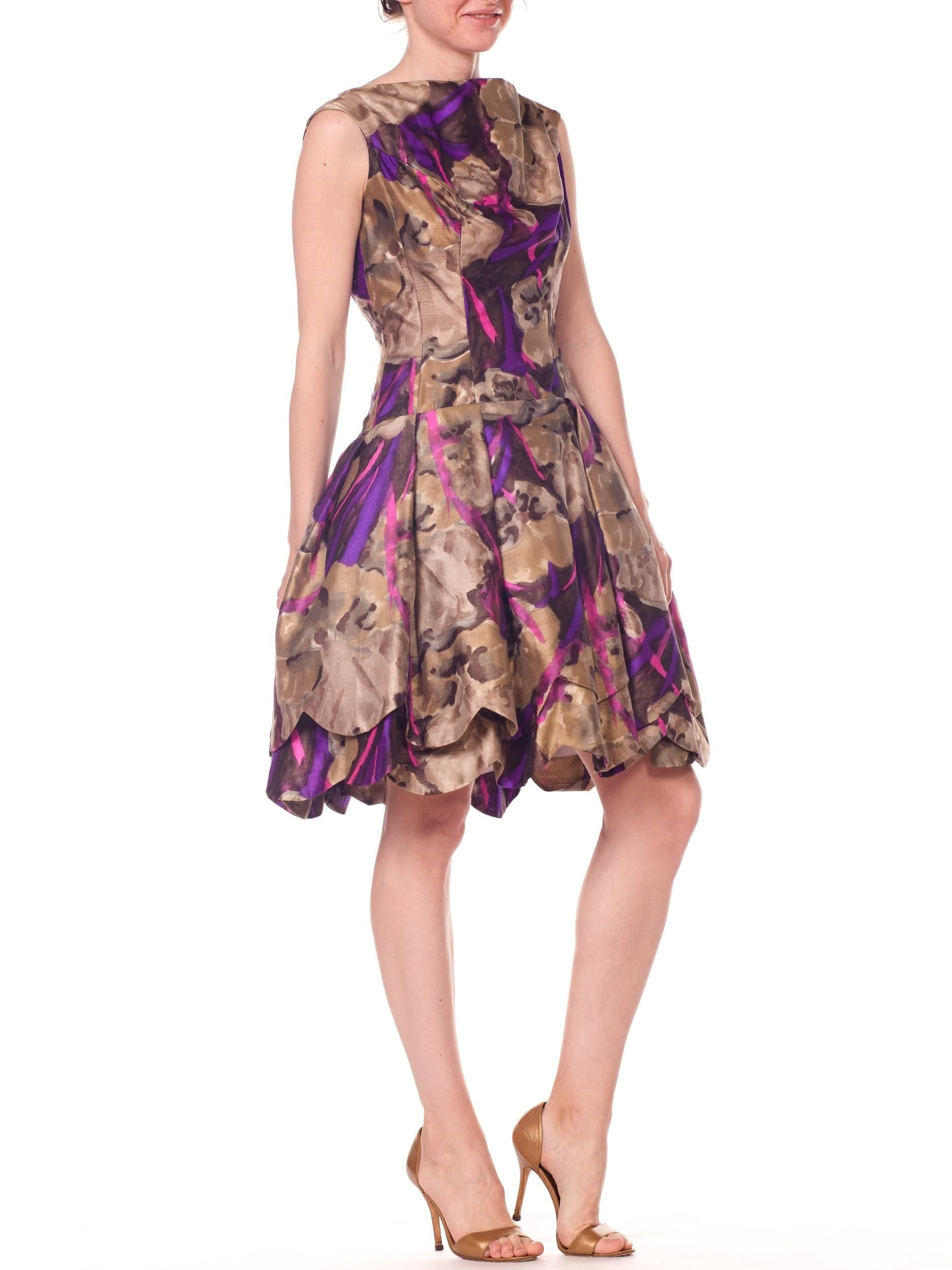 Brown 1950S Sepia & Purple Silk  Abstract Floral Dress With Petaled Drop-Waist Skirt For Sale