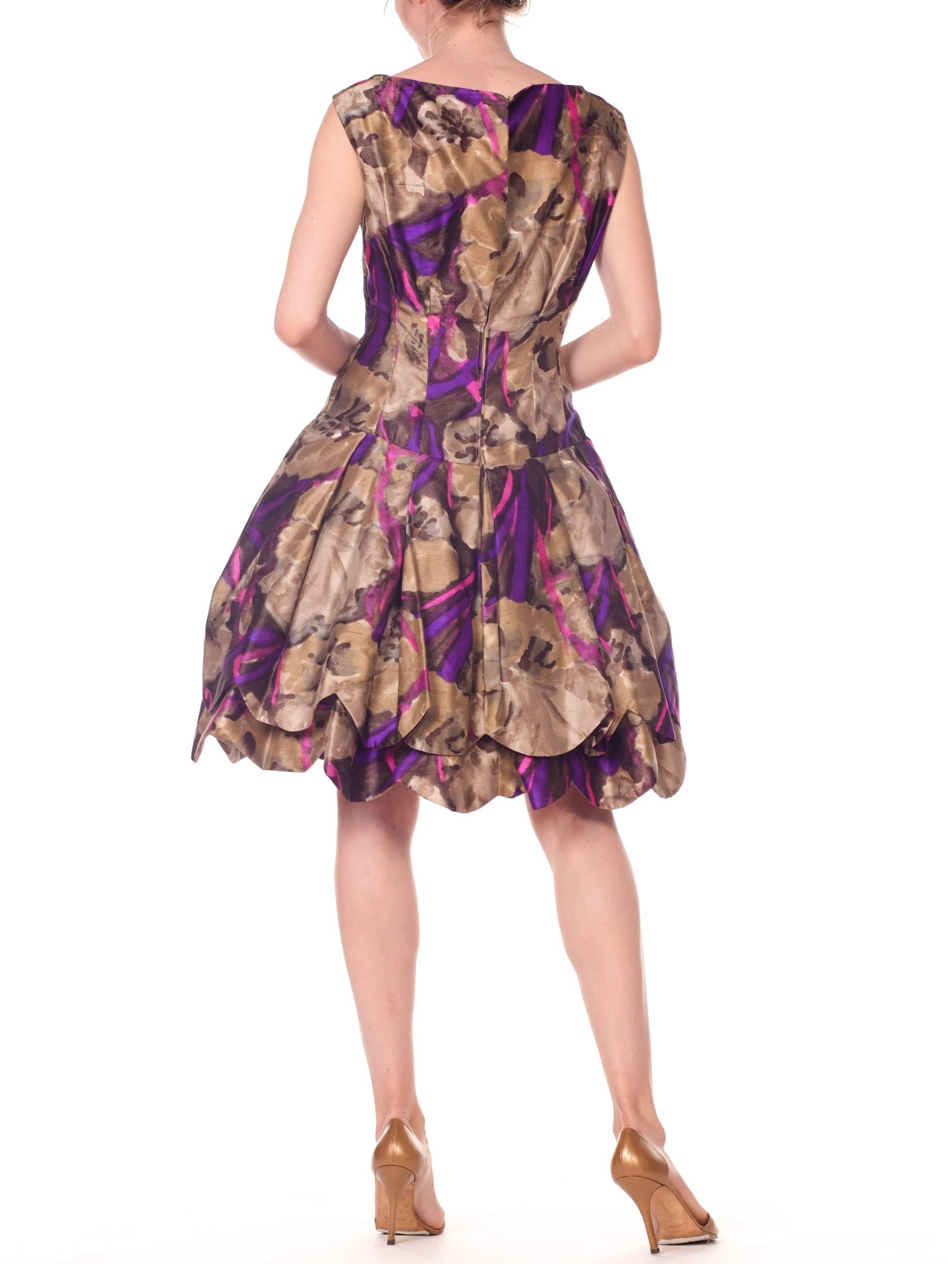 Women's 1950S Sepia & Purple Silk  Abstract Floral Dress With Petaled Drop-Waist Skirt For Sale