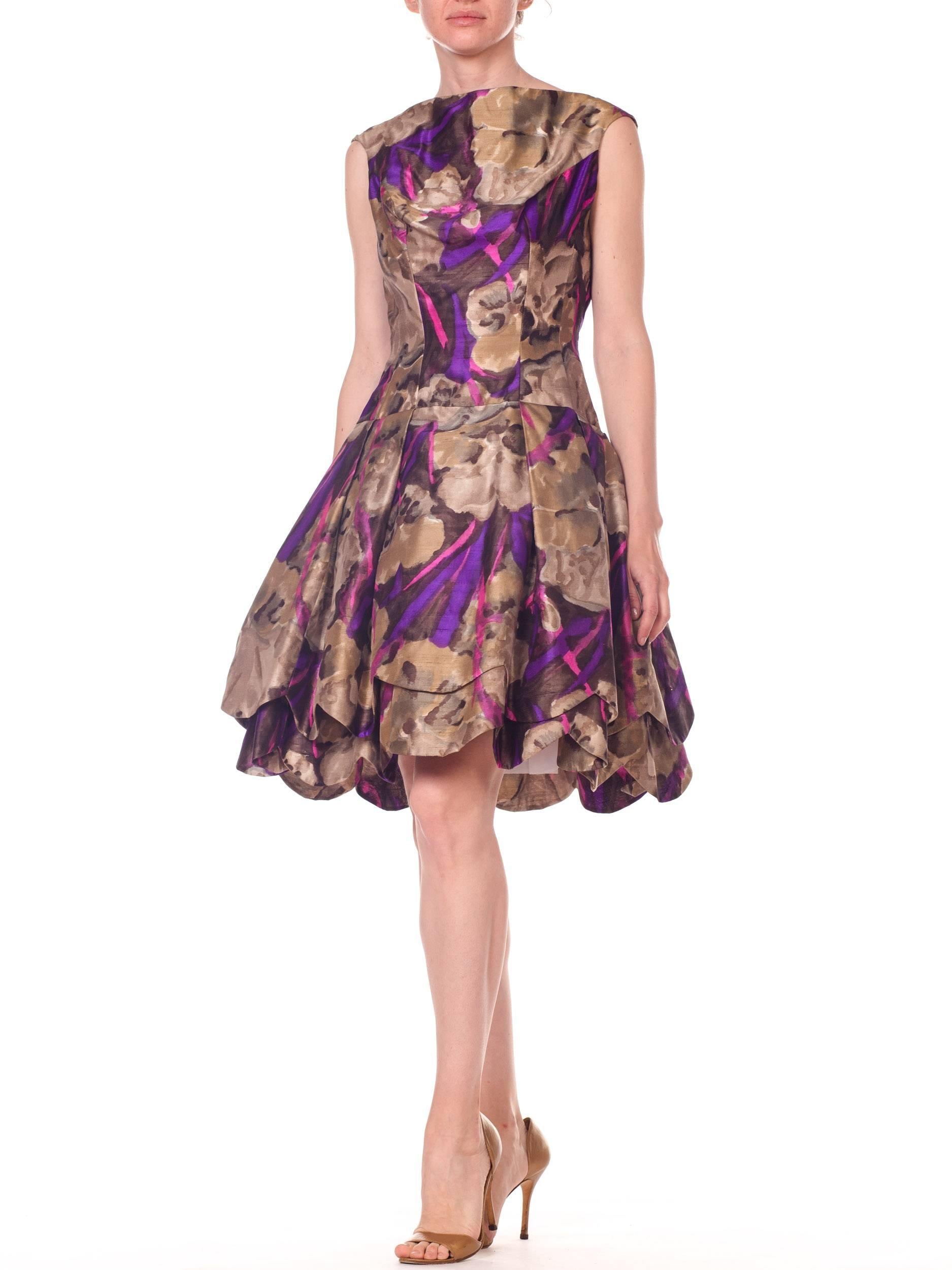 1950S Sepia & Purple Silk  Abstract Floral Dress With Petaled Drop-Waist Skirt For Sale 3