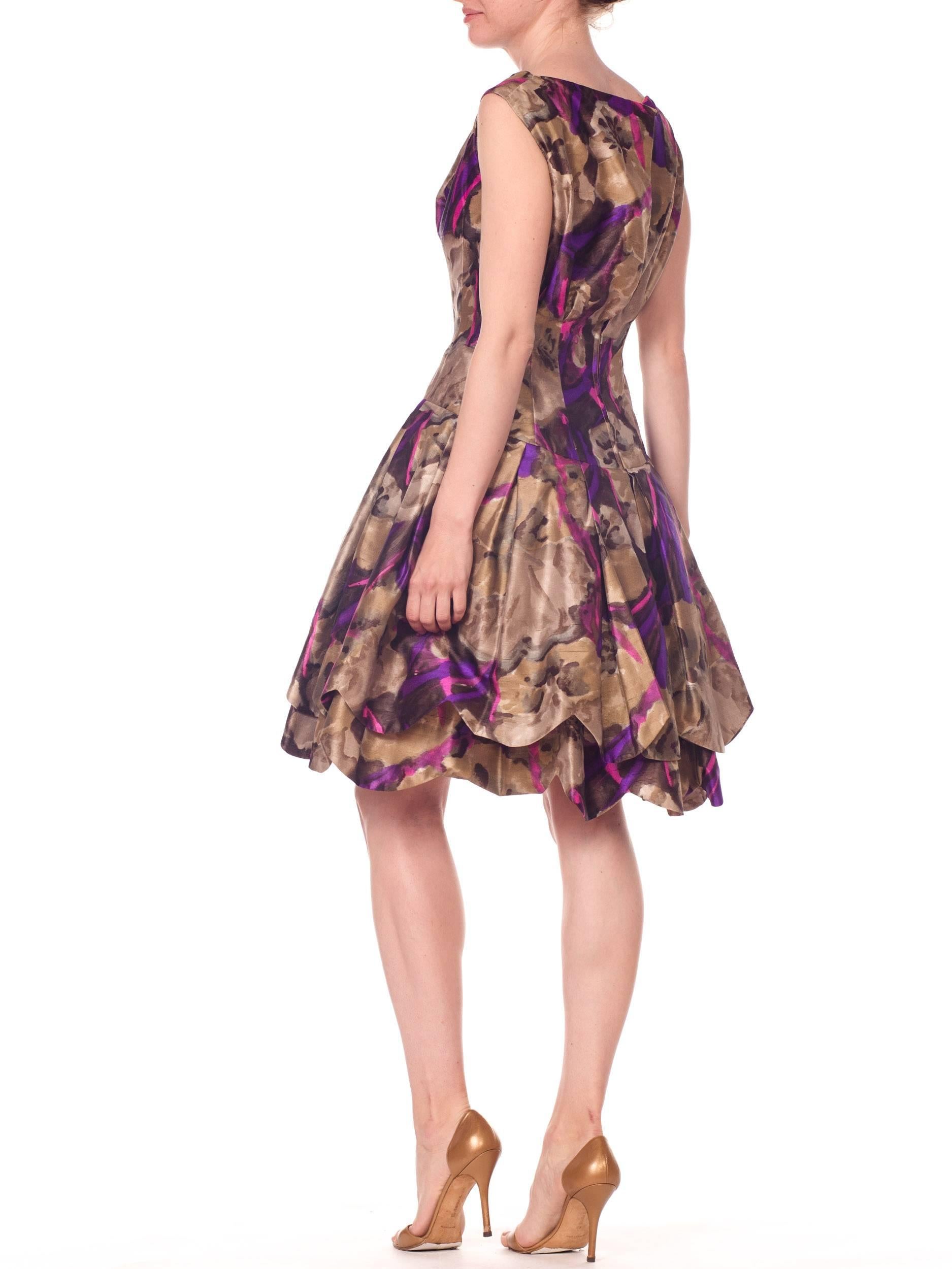 1950S Sepia & Purple Silk  Abstract Floral Dress With Petaled Drop-Waist Skirt For Sale 1