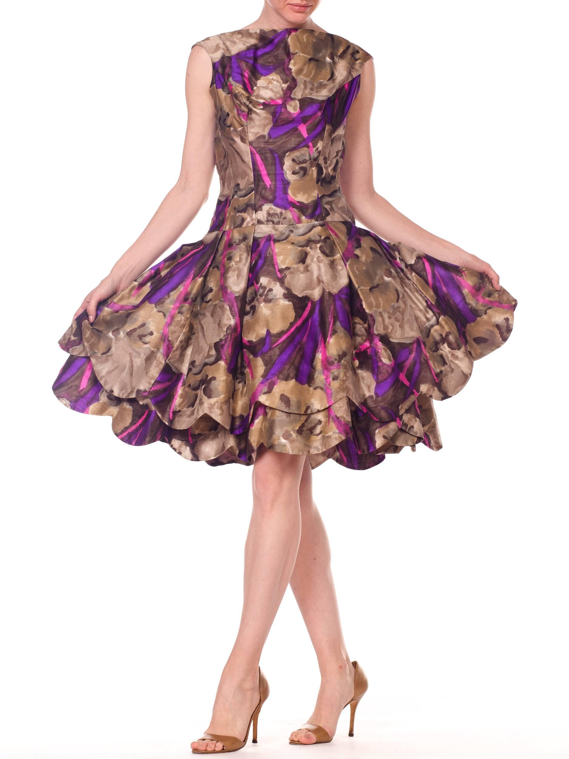 1950S Sepia & Purple Silk  Abstract Floral Dress With Petaled Drop-Waist Skirt For Sale 4