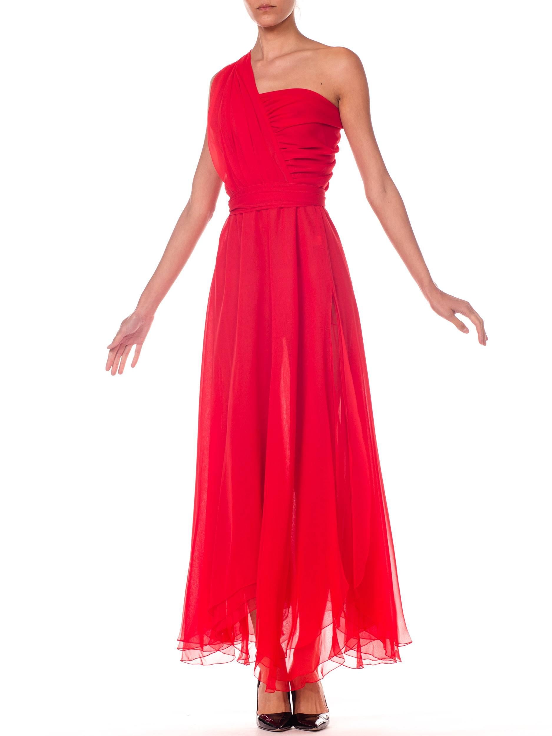 Stephen Burrows Draped Red Chiffon Dress with Slit, 1970s  In Excellent Condition In New York, NY