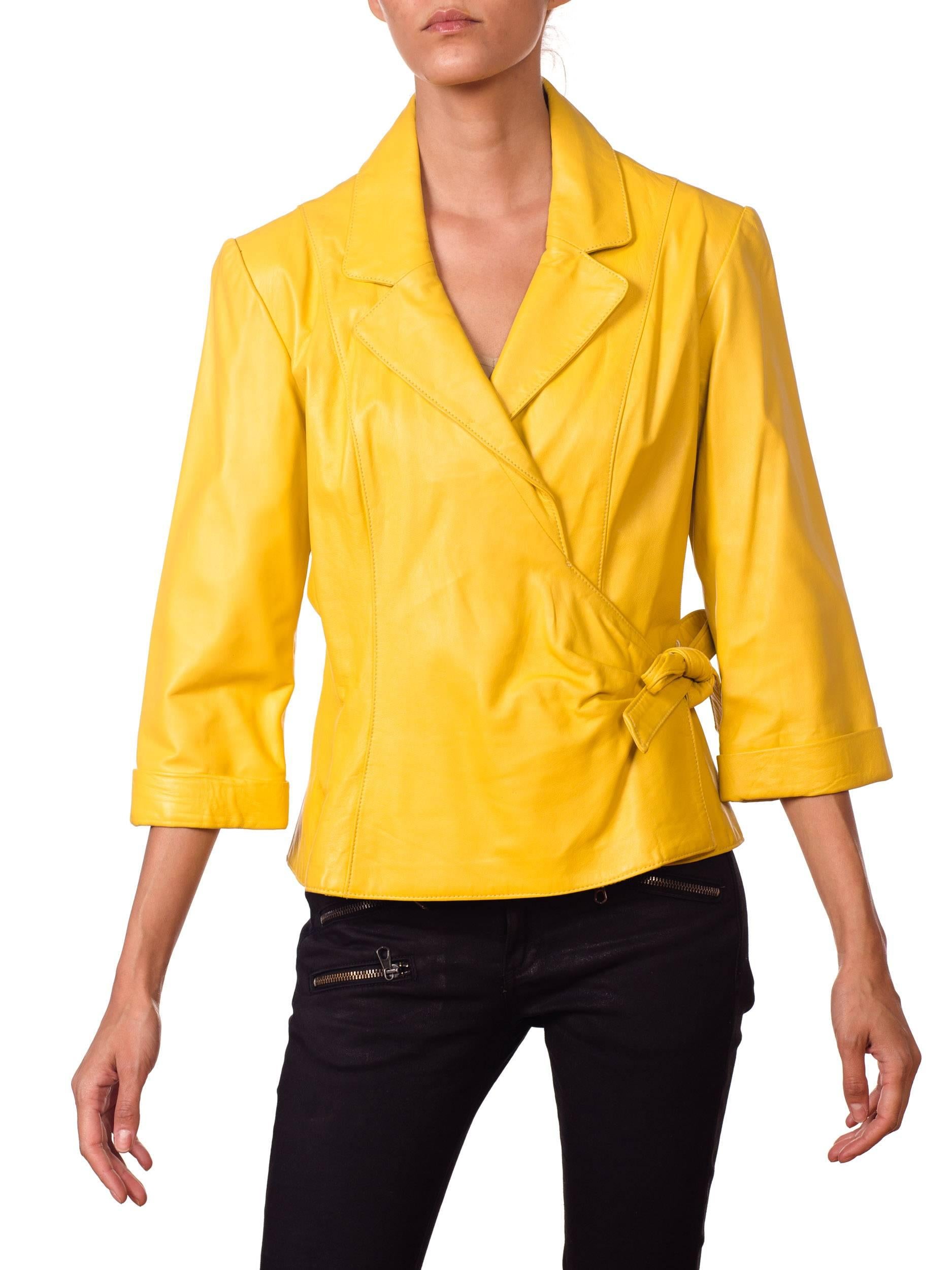 1980s Yellow Leather Wrap Front Shirt Jacket  7
