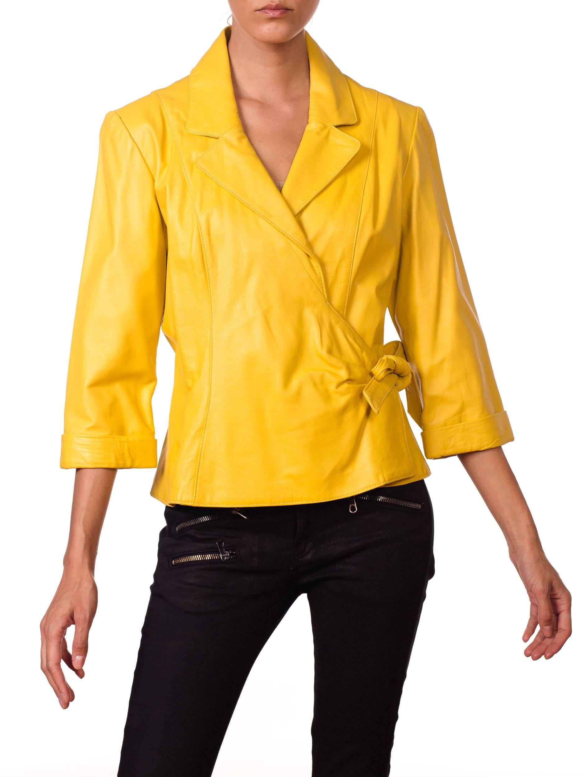 1980s Yellow Leather Wrap Front Shirt Jacket  In New Condition In New York, NY