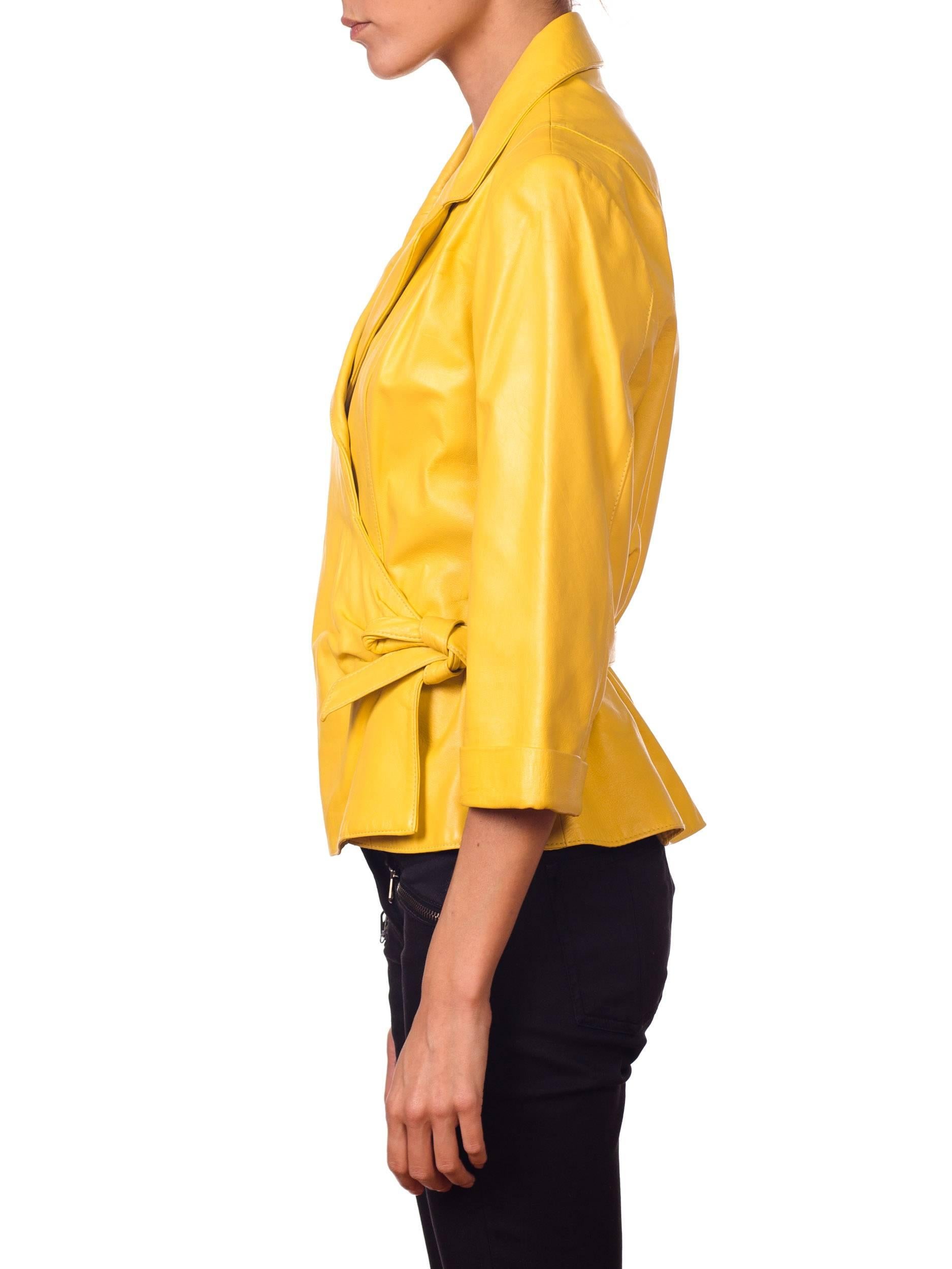 Women's 1980s Yellow Leather Wrap Front Shirt Jacket 