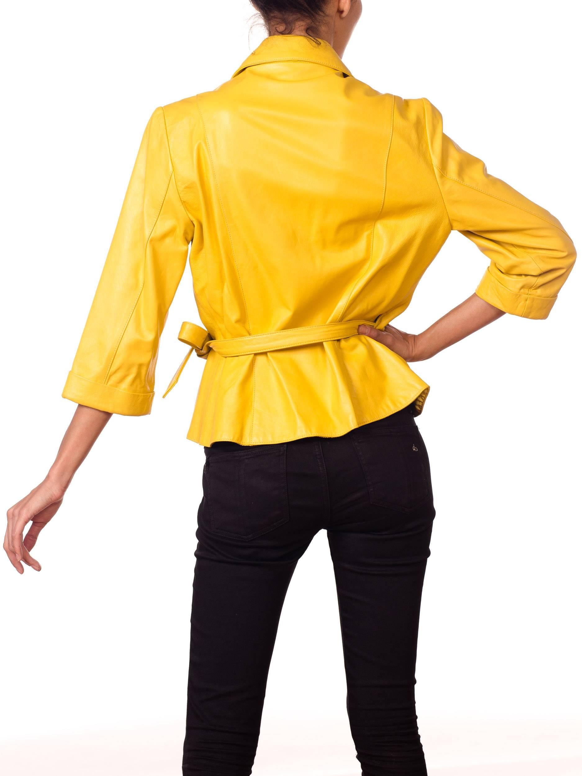 1980s Yellow Leather Wrap Front Shirt Jacket  2