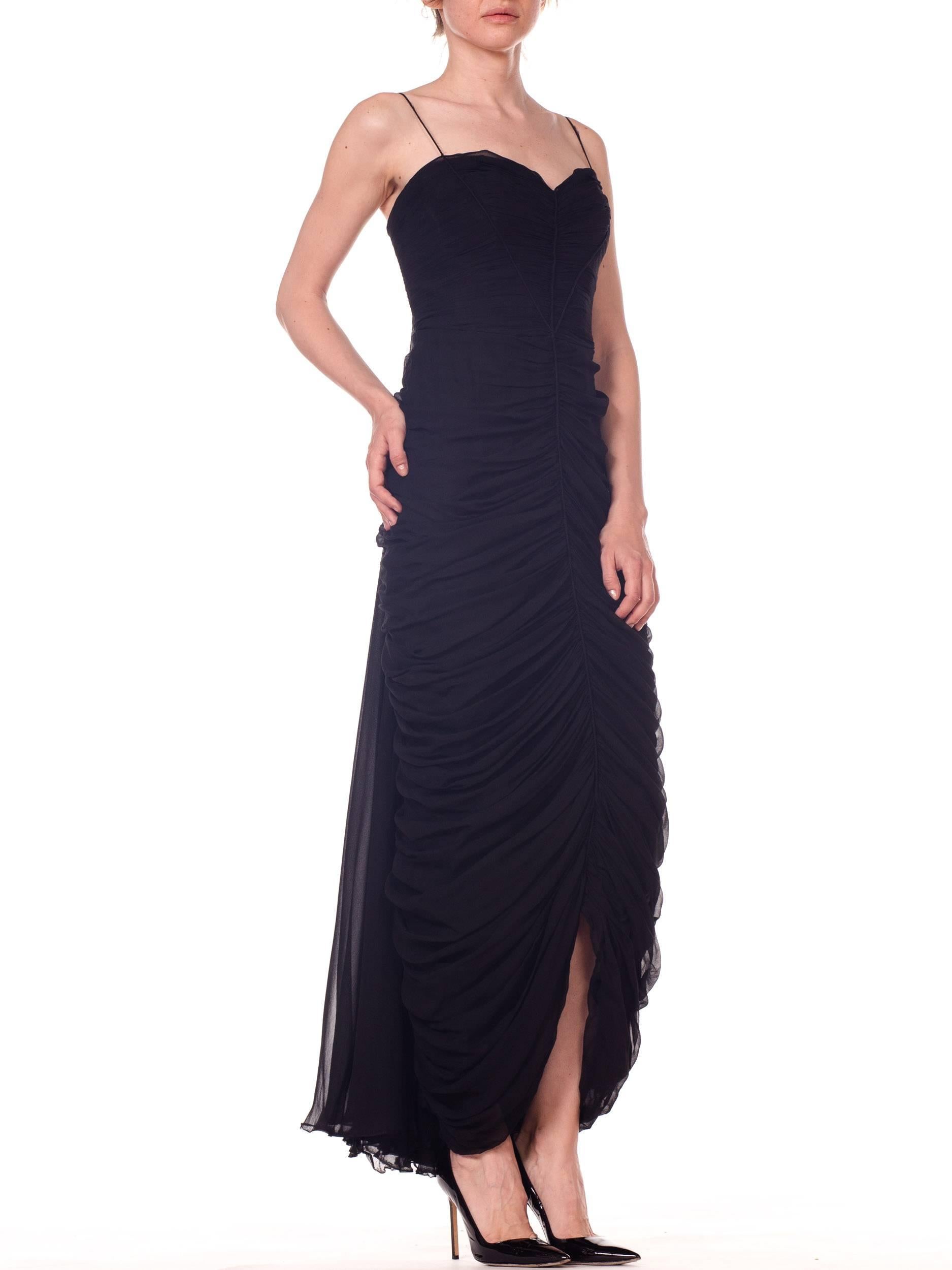 1950S BETTY LYNNE Black Silk Chiffon Demi-Couture Bombshell Evening Gown For Sale 2
