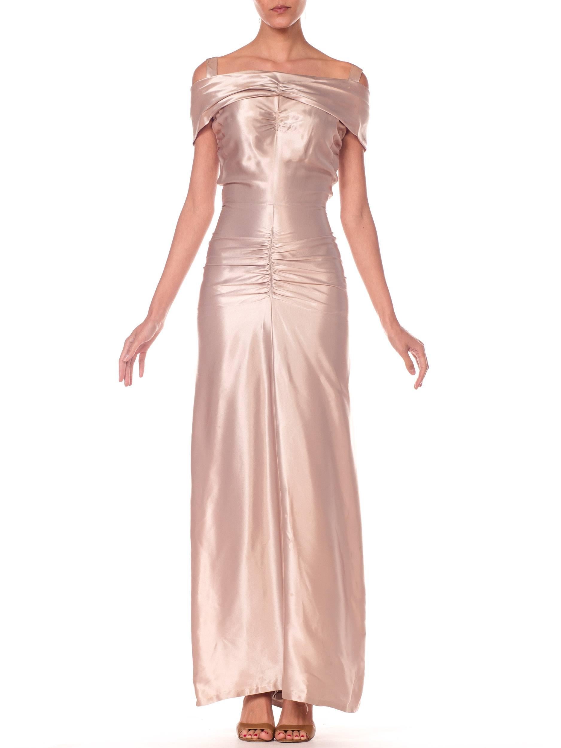 Beige 1940S Oyster Grey Acetate Satin Draped Evening Gown With Back Bustle Detail For Sale