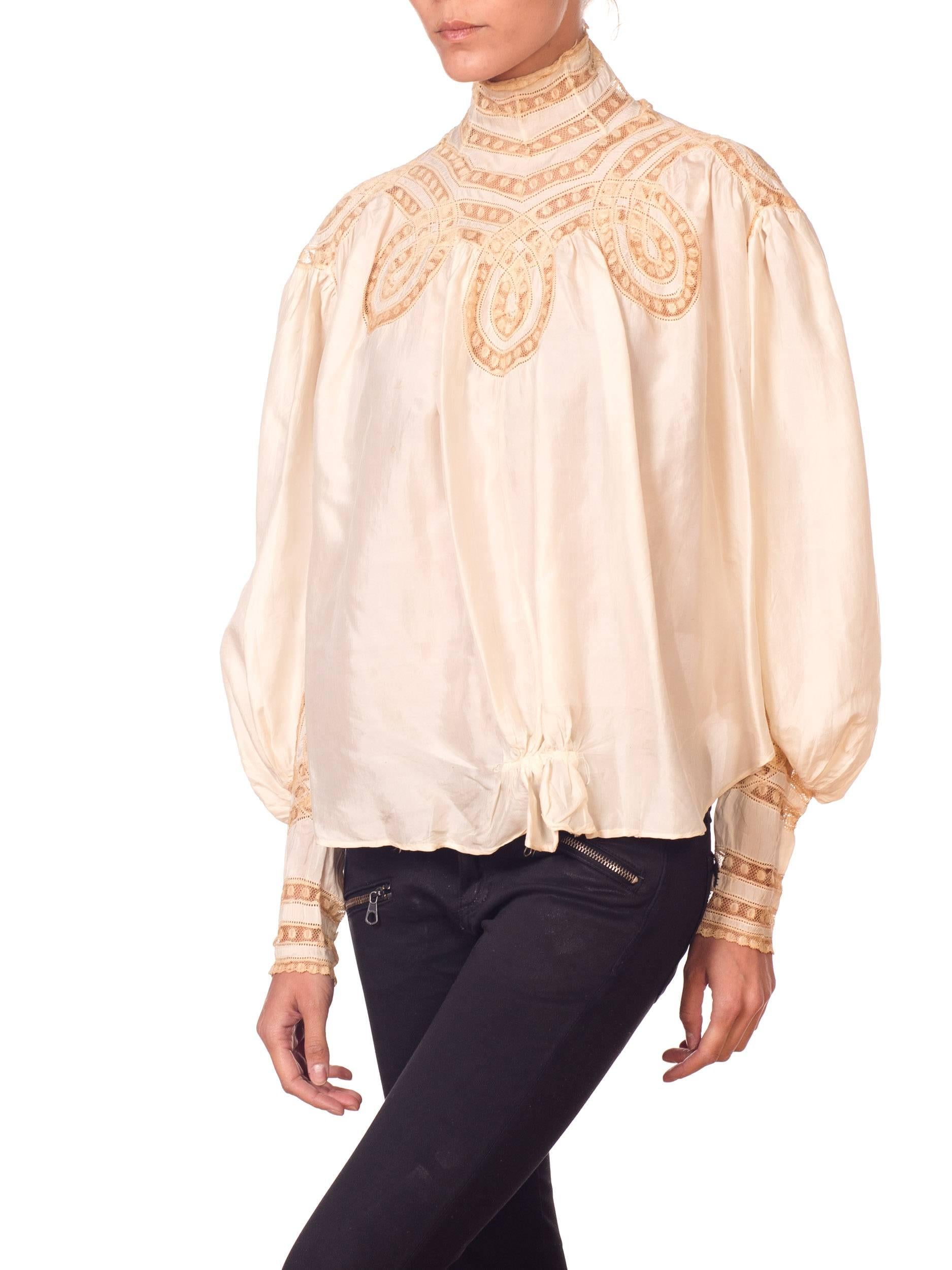 White Victorian high neck Silk Top with Swirls Of Lace Inlay Details
