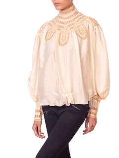 Victorian high neck Silk Top with Swirls Of Lace Inlay Details