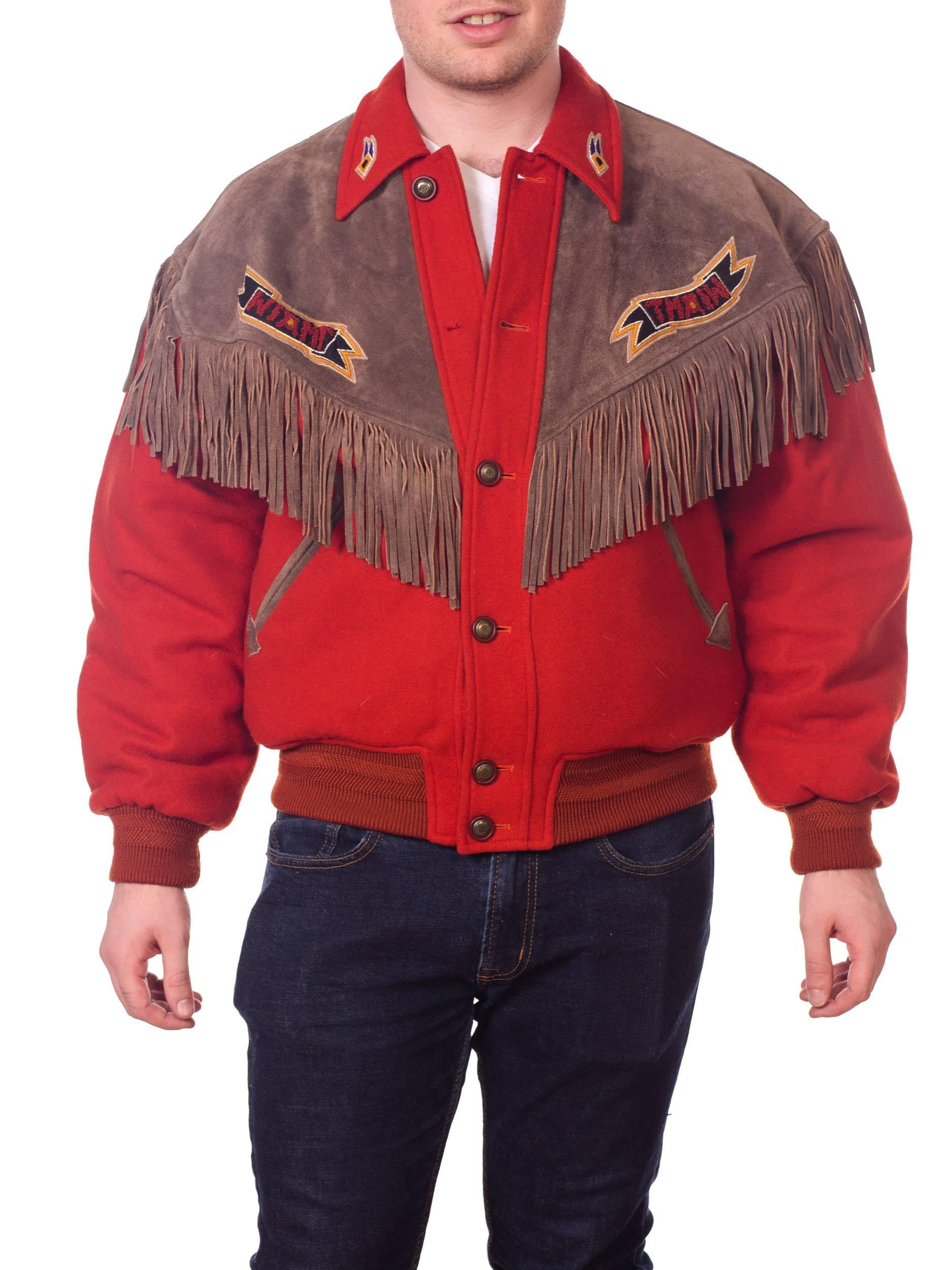 Kansai Yamamoto Burnt Orange Wool Jacket With Leather Fringe Details and Embroidered bomber letterman coat