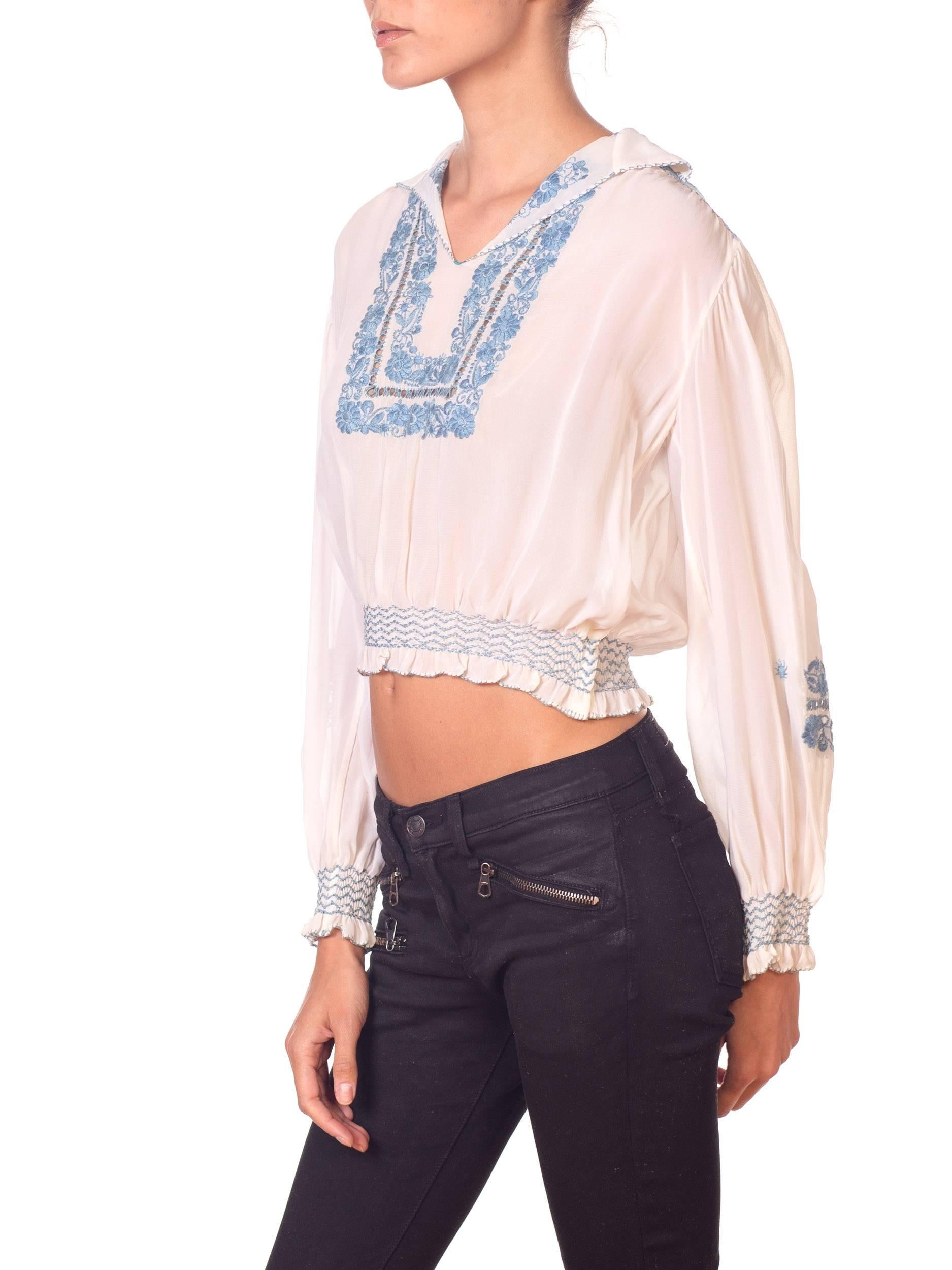 Beige Embroidered Peasant Top Semi Sheer