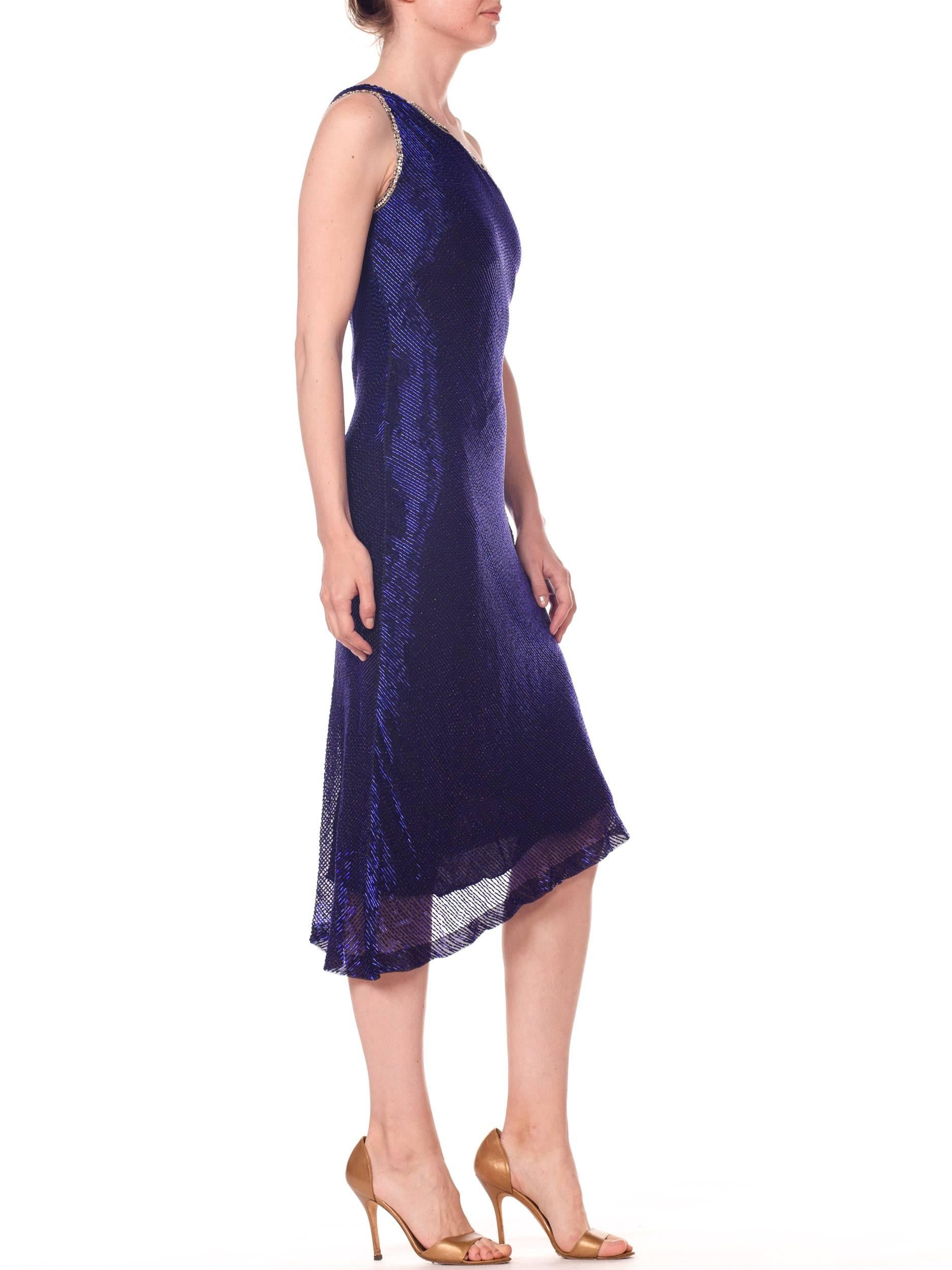 1970S Black Bias Cut Silk Chiffon One Shoulder Cobalt Blue Beaded Cocktail Dress In Excellent Condition For Sale In New York, NY