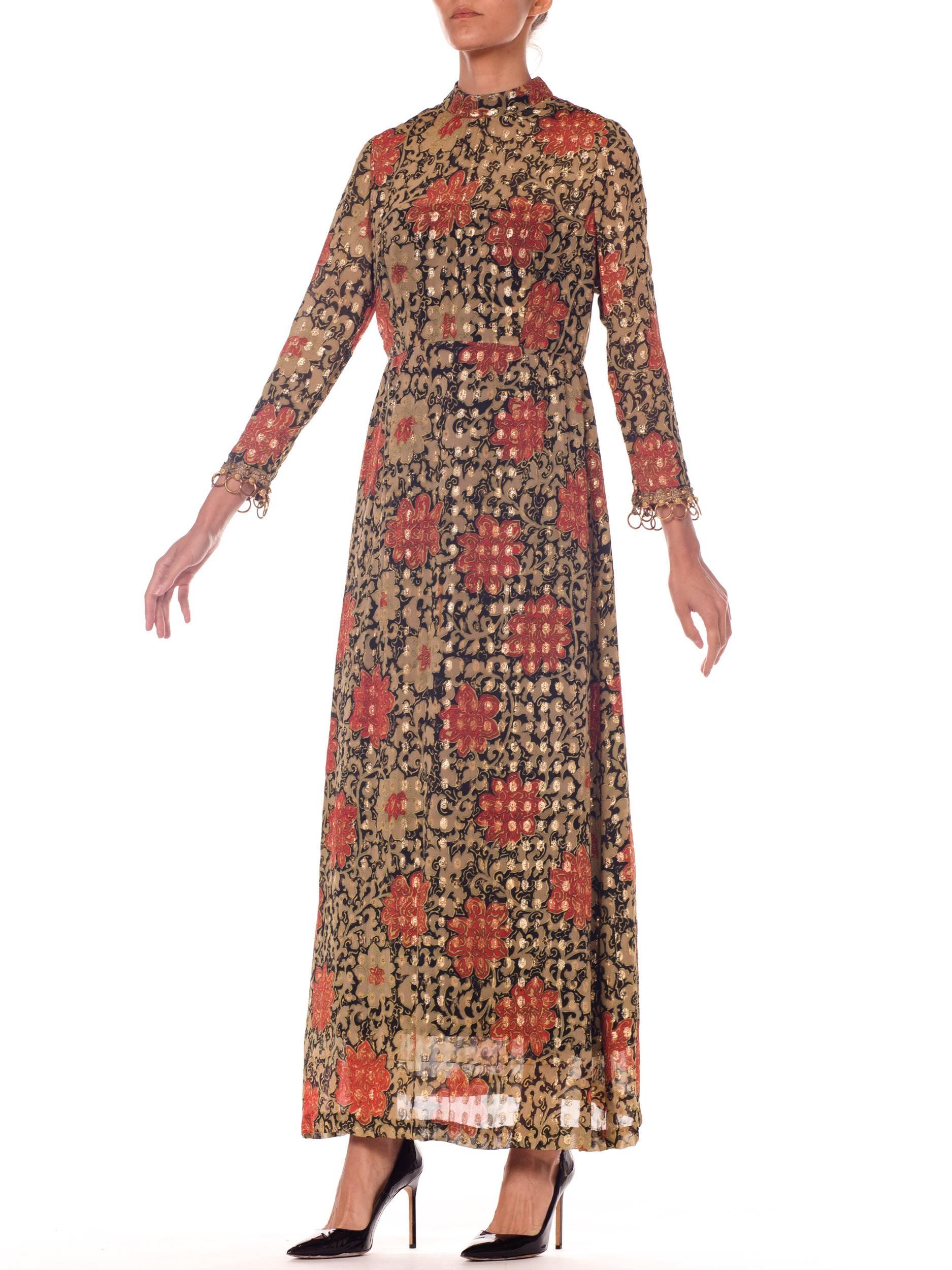 1960s Oscar De La Renta Long Sleeved Lurex Jacquard Floral Print Dress