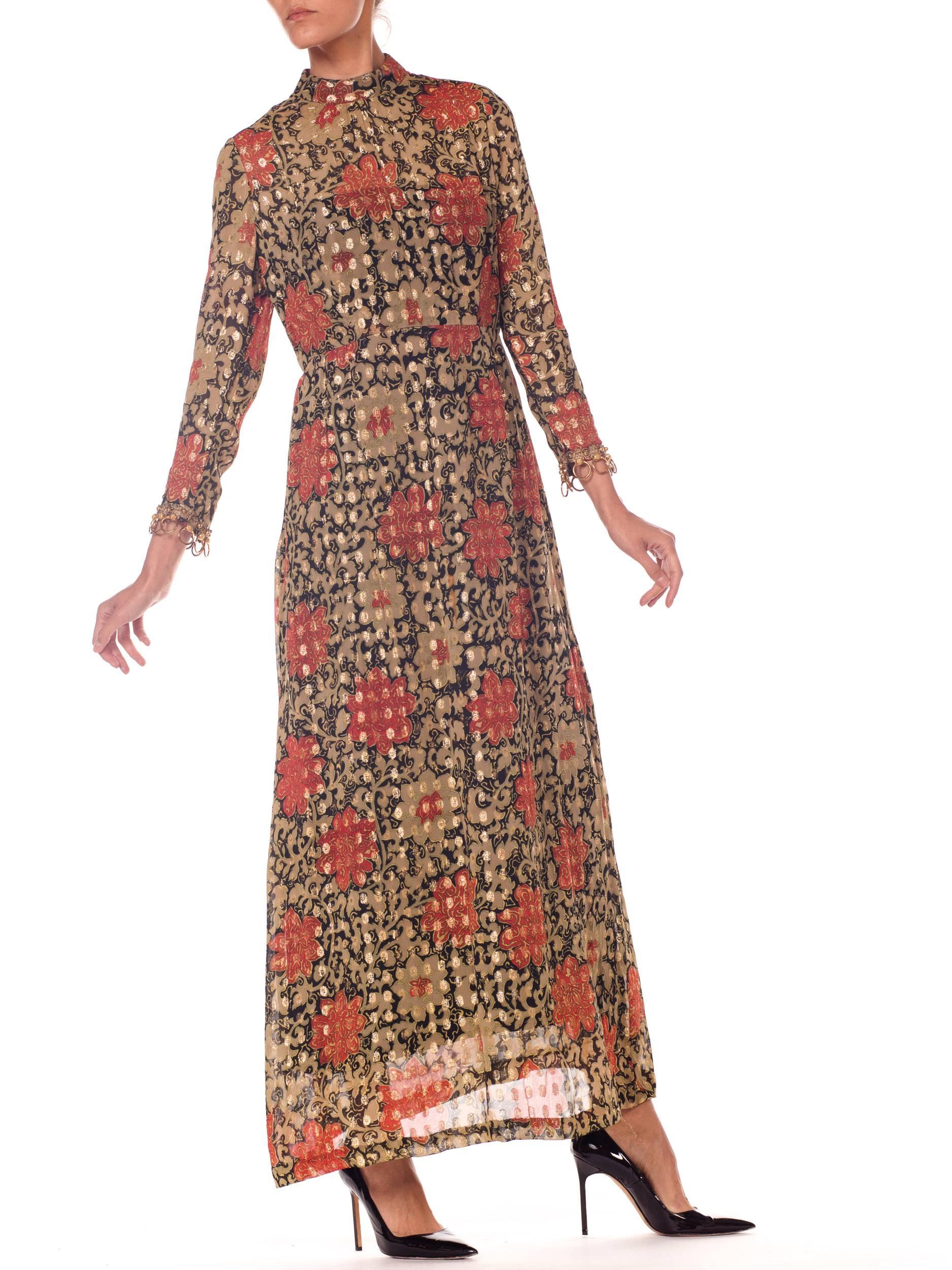 Oscar De La Renta Long Sleeved Lurex Jacquard Floral Print Dress, 1960s  In Excellent Condition In New York, NY