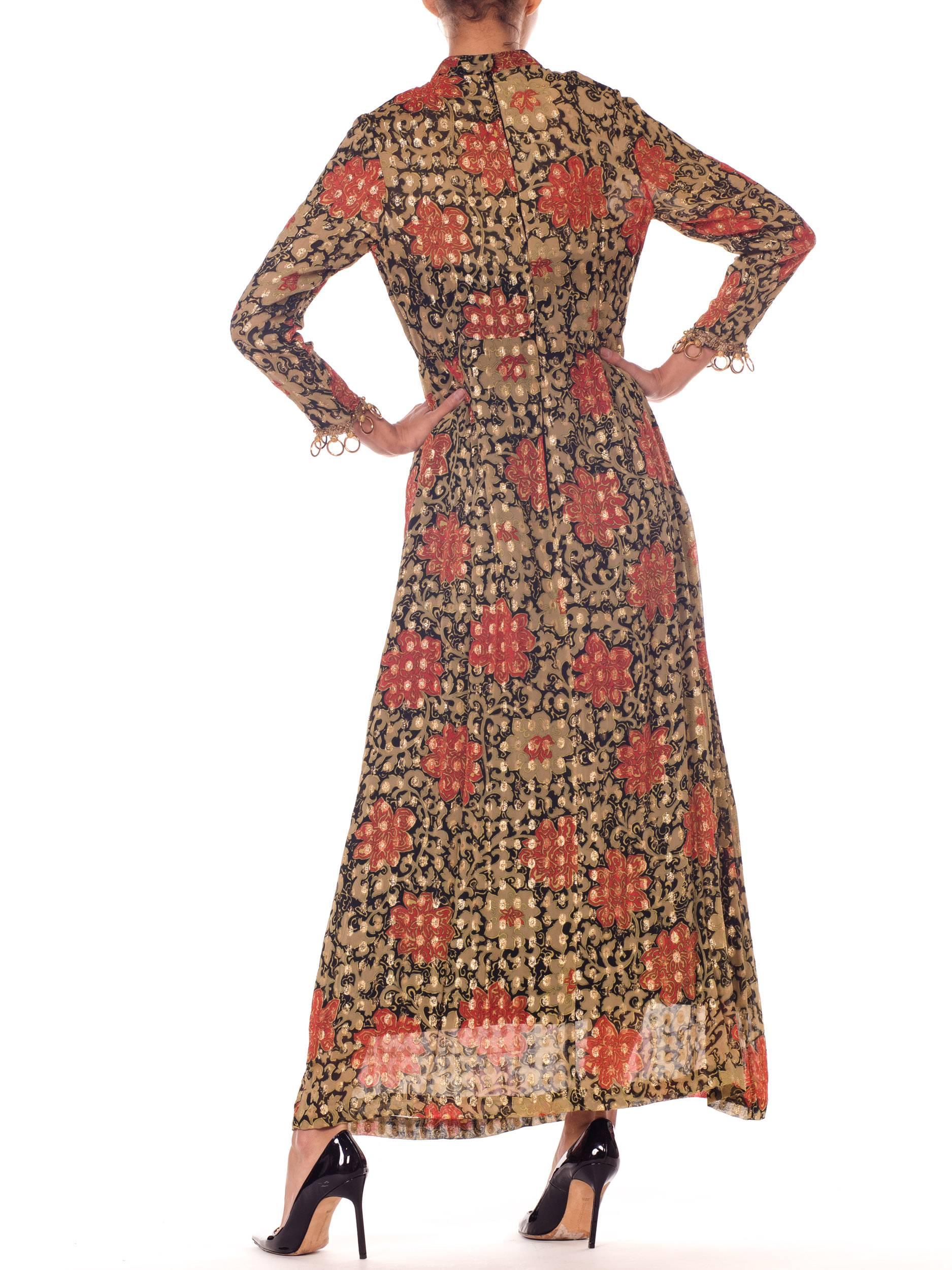 Brown Oscar De La Renta Long Sleeved Lurex Jacquard Floral Print Dress, 1960s 