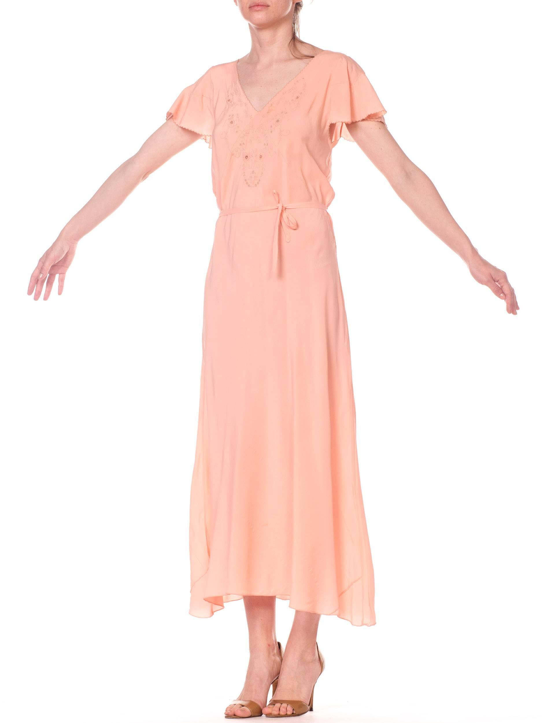 1930S Peach Bias Cut Silk Crepe De Chine Flutter Sleeve Couture Hand Sewn Negligee With Floral Embroidery & Belt