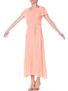 1930S Peach Bias Cut Silk Crepe De Chine Flutter Sleeve Couture Hand Sewn Negli
