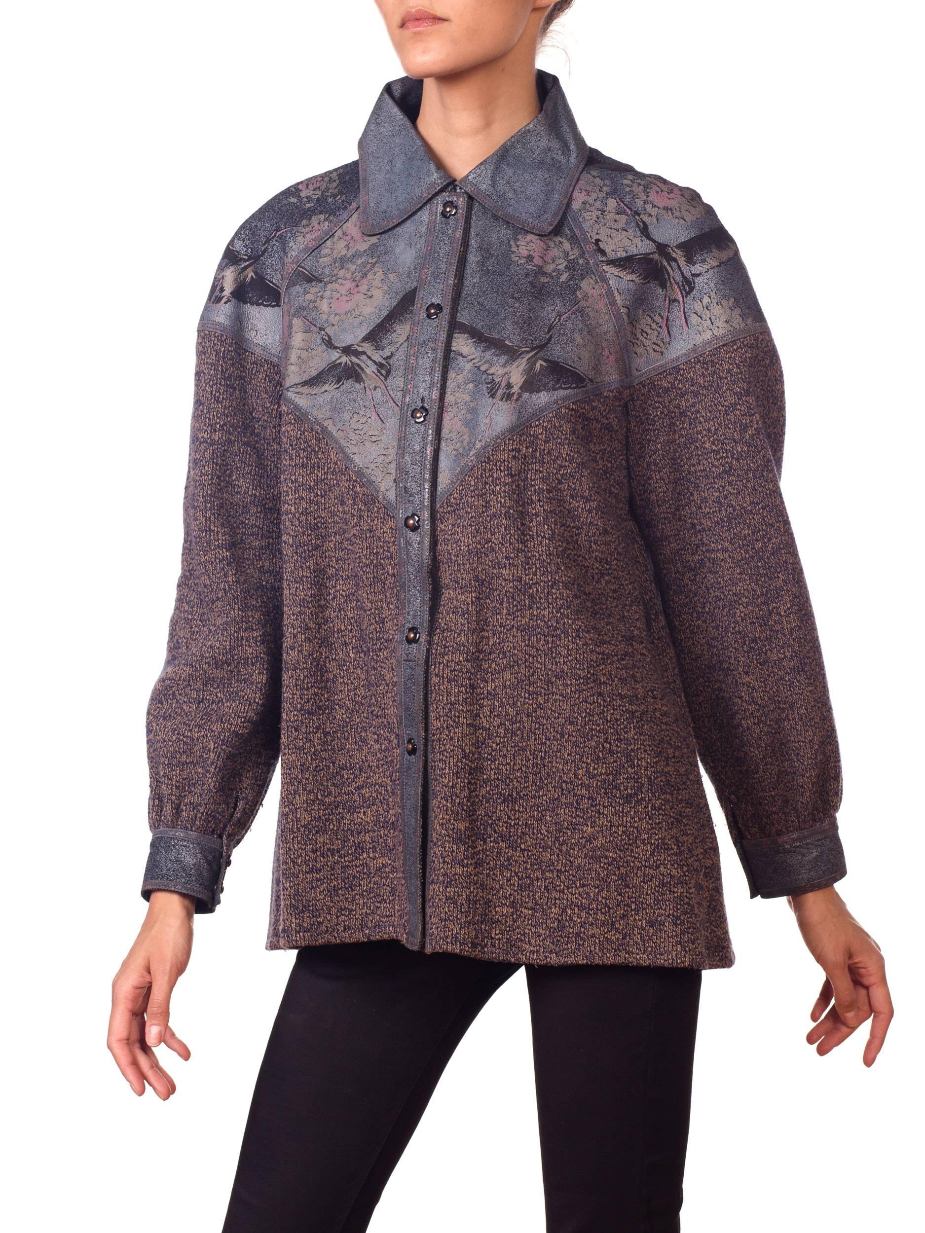 Women's Roberto Cavalli Knit Sweater Jacket with Bird Printed Suede Panels