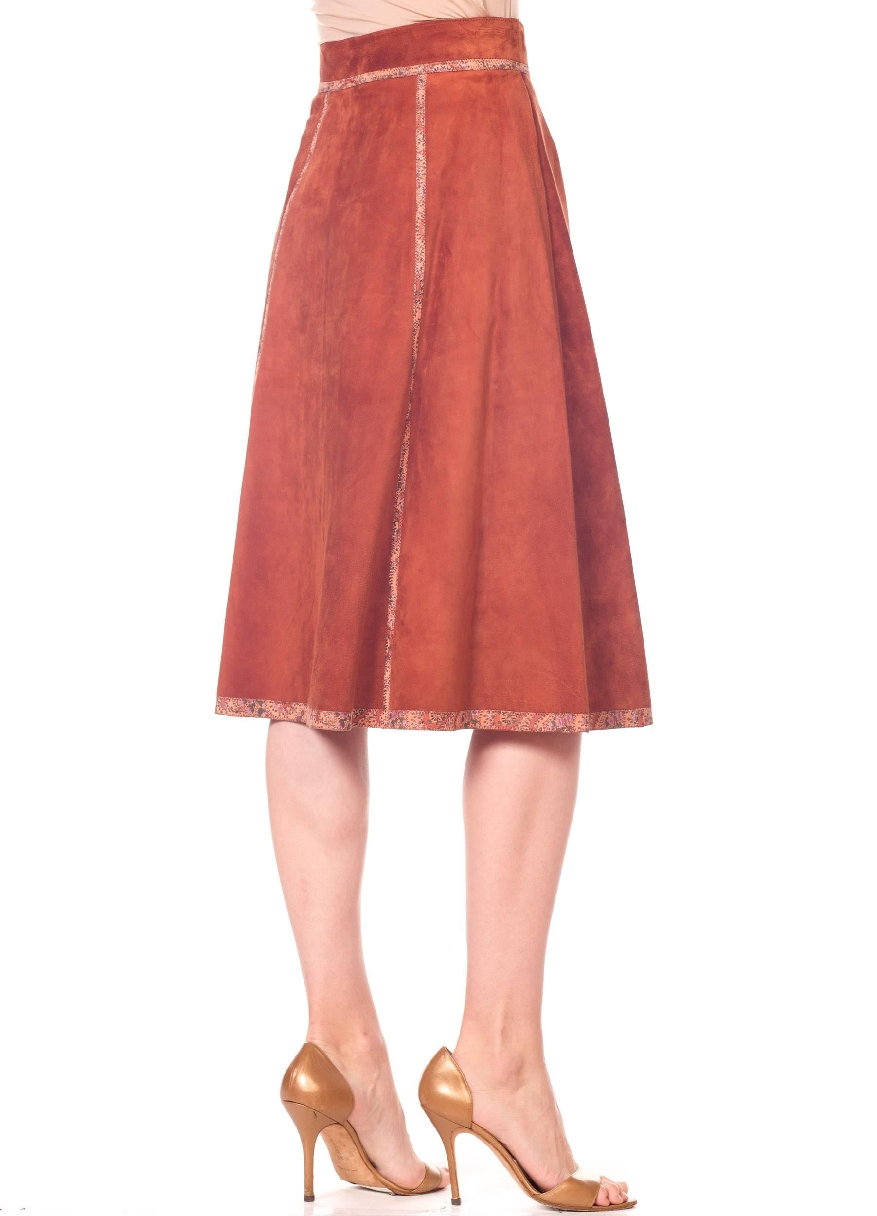 Pink Roberto Cavalli Brown Suede Midi Skirt with Floral Leather Printed Trim 1970s
