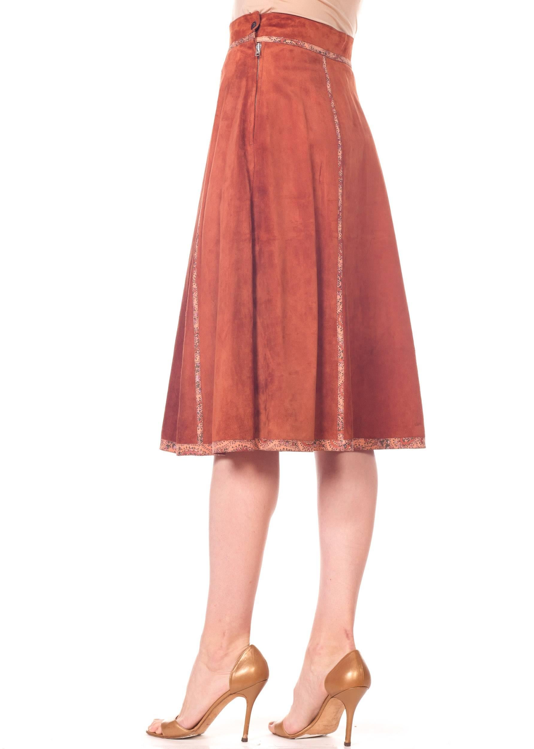 Women's Roberto Cavalli Brown Suede Midi Skirt with Floral Leather Printed Trim 1970s