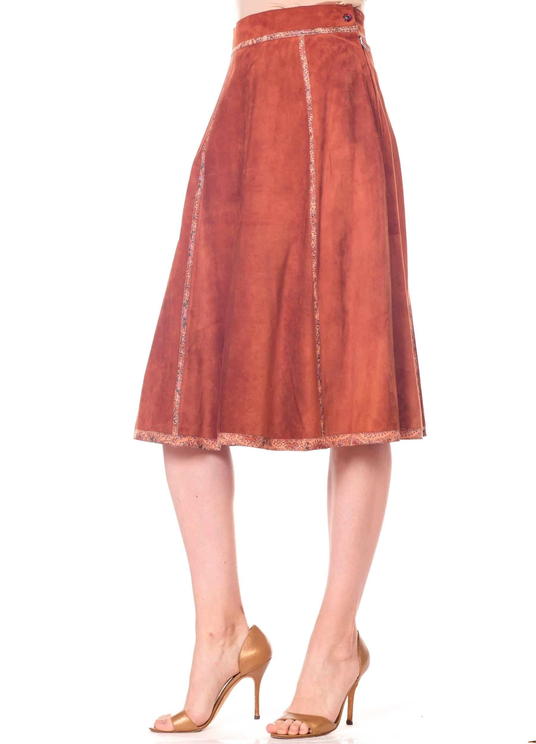 Roberto Cavalli Brown Suede Midi Skirt with Floral Leather Printed Trim 1970s 1