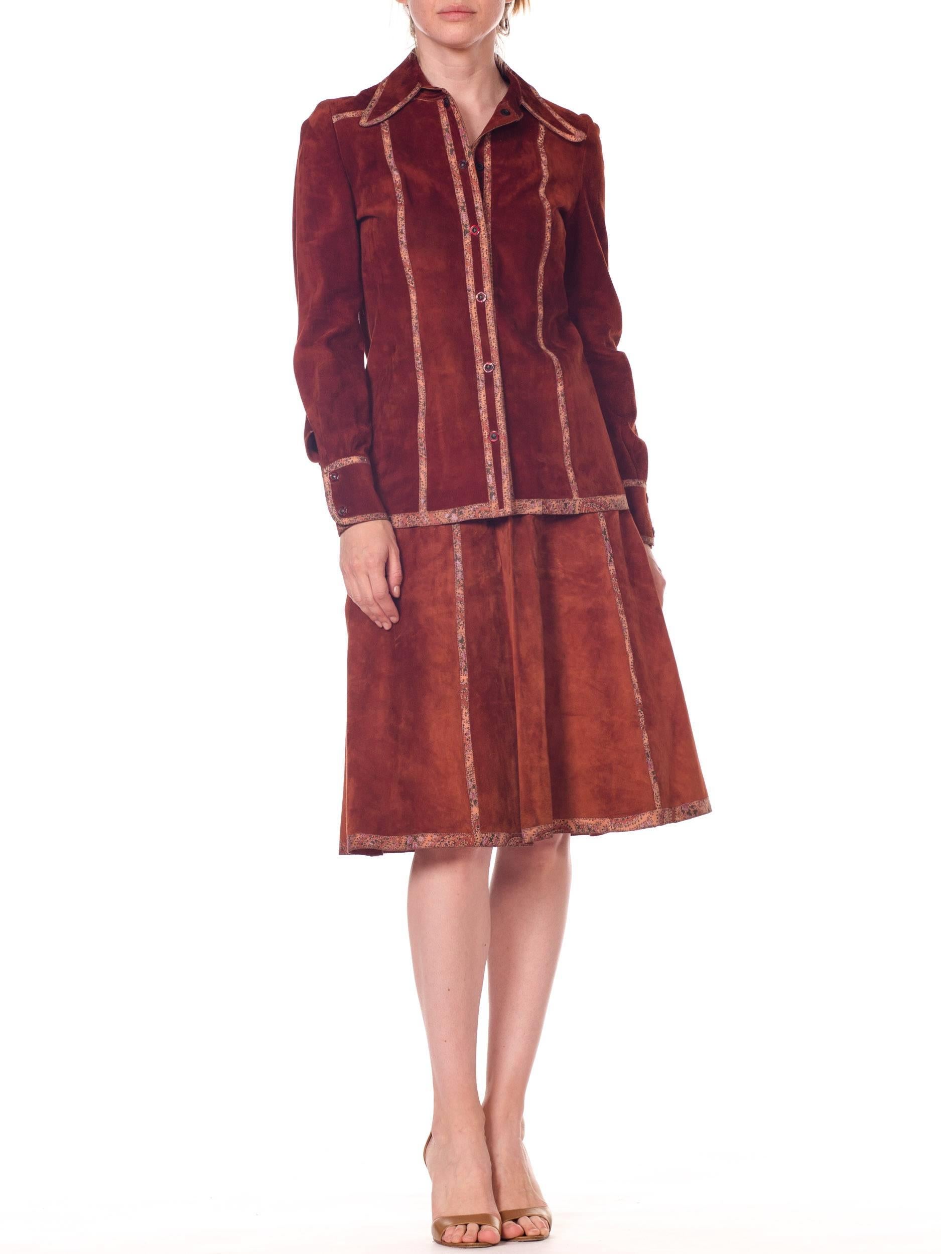 Brown Roberto Cavalli Cognac Suede with Print Panels Jacket and Skirt Set