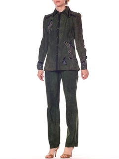 Roberto Cavalli Green Suede Pants and Jacket Set with Printed Panels