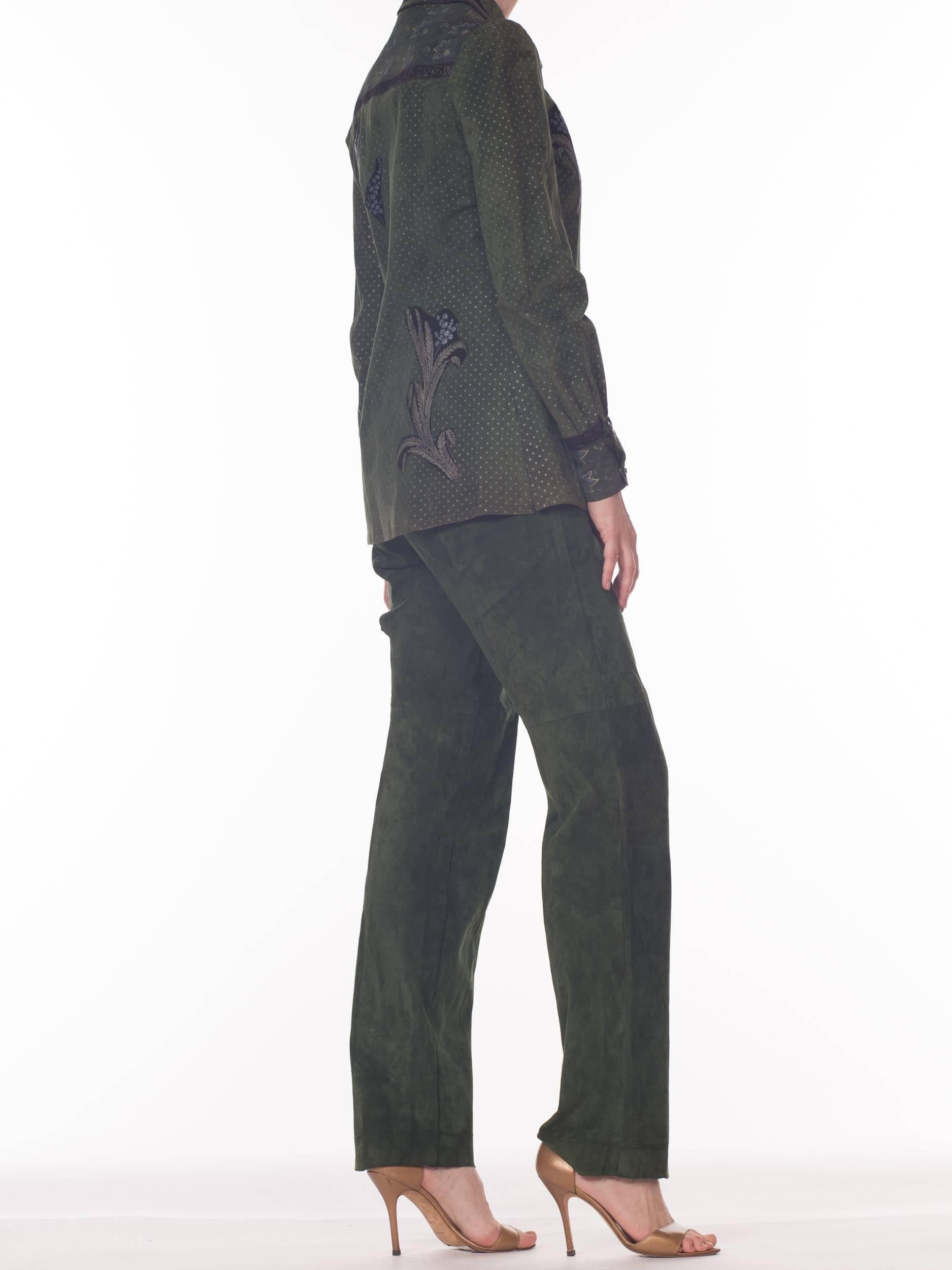 Women's Roberto Cavalli Green Suede Pants and Jacket Set with Printed Panels 
