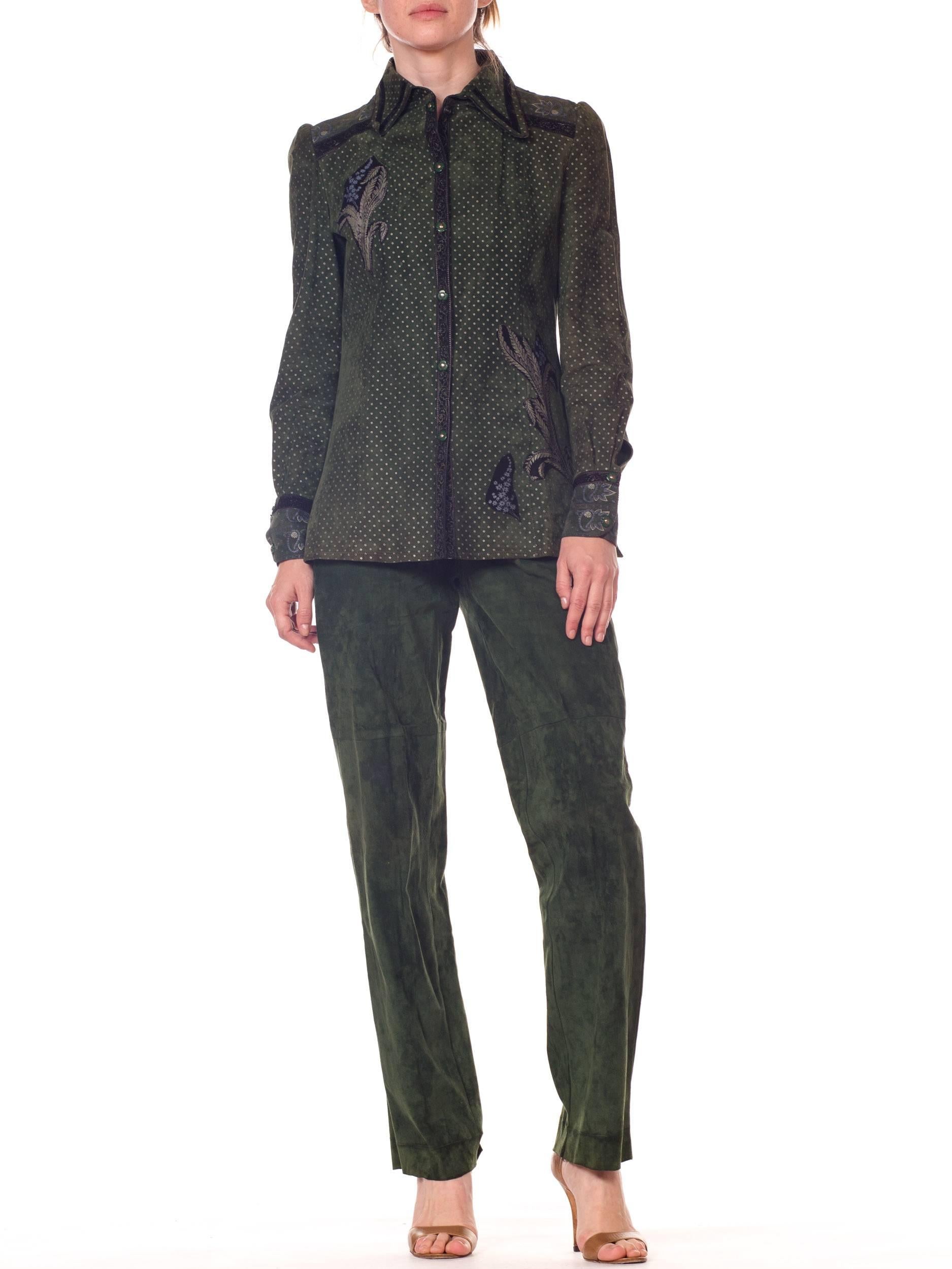 Black Roberto Cavalli Green Suede Pants and Jacket Set with Printed Panels 