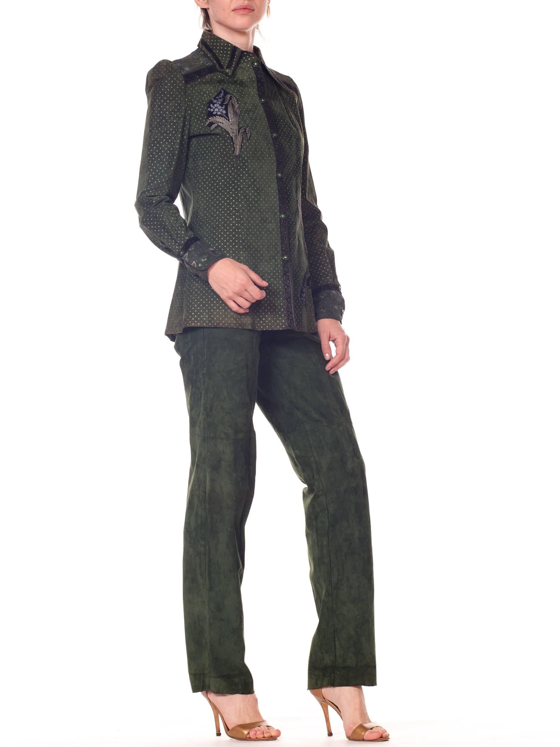 Roberto Cavalli Green Suede Pants and Jacket Set with Printed Panels  In Excellent Condition In New York, NY