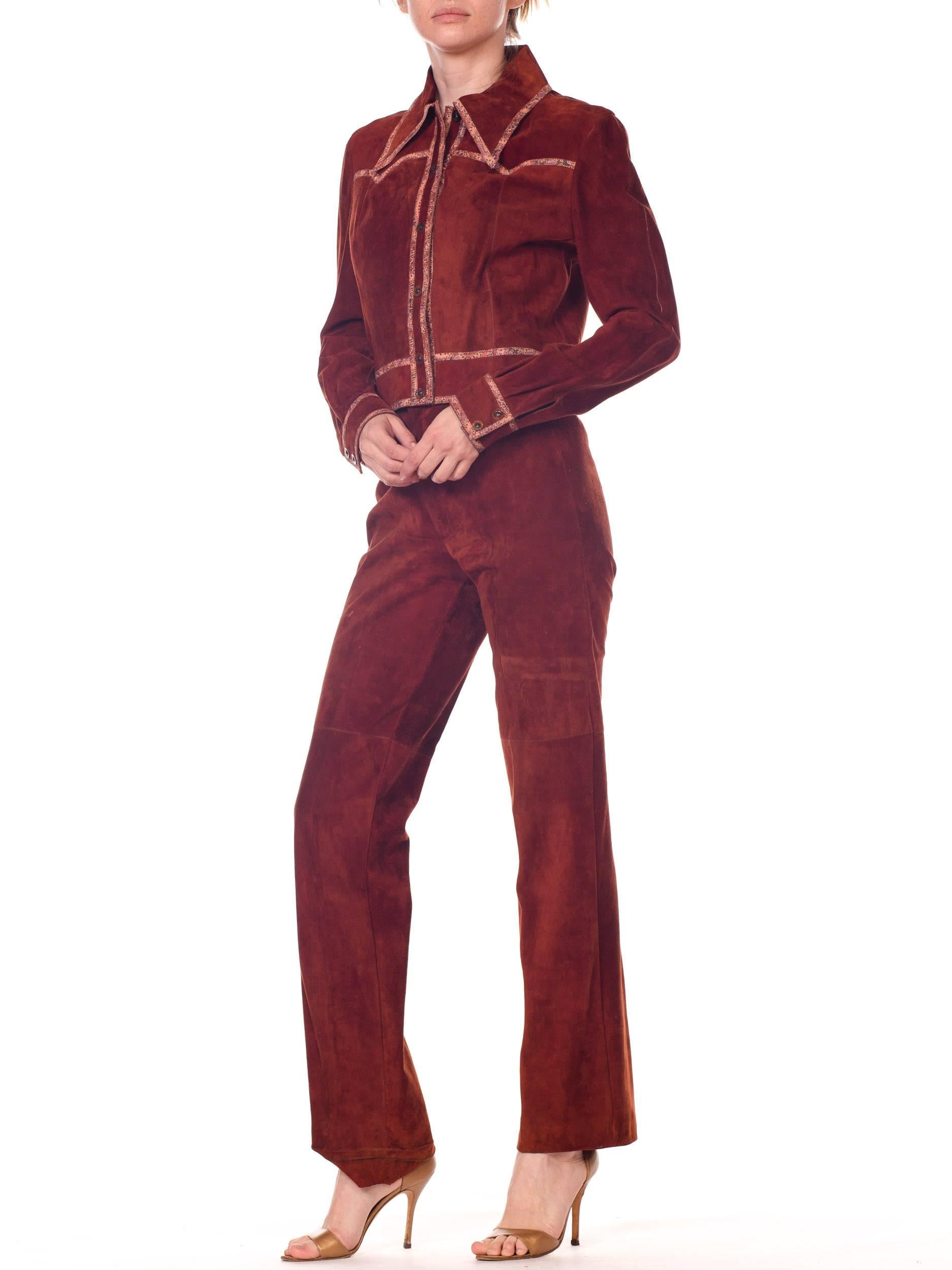Women's Roberto Cavalli Cognac Suede Pants and Jacket set with printed trims