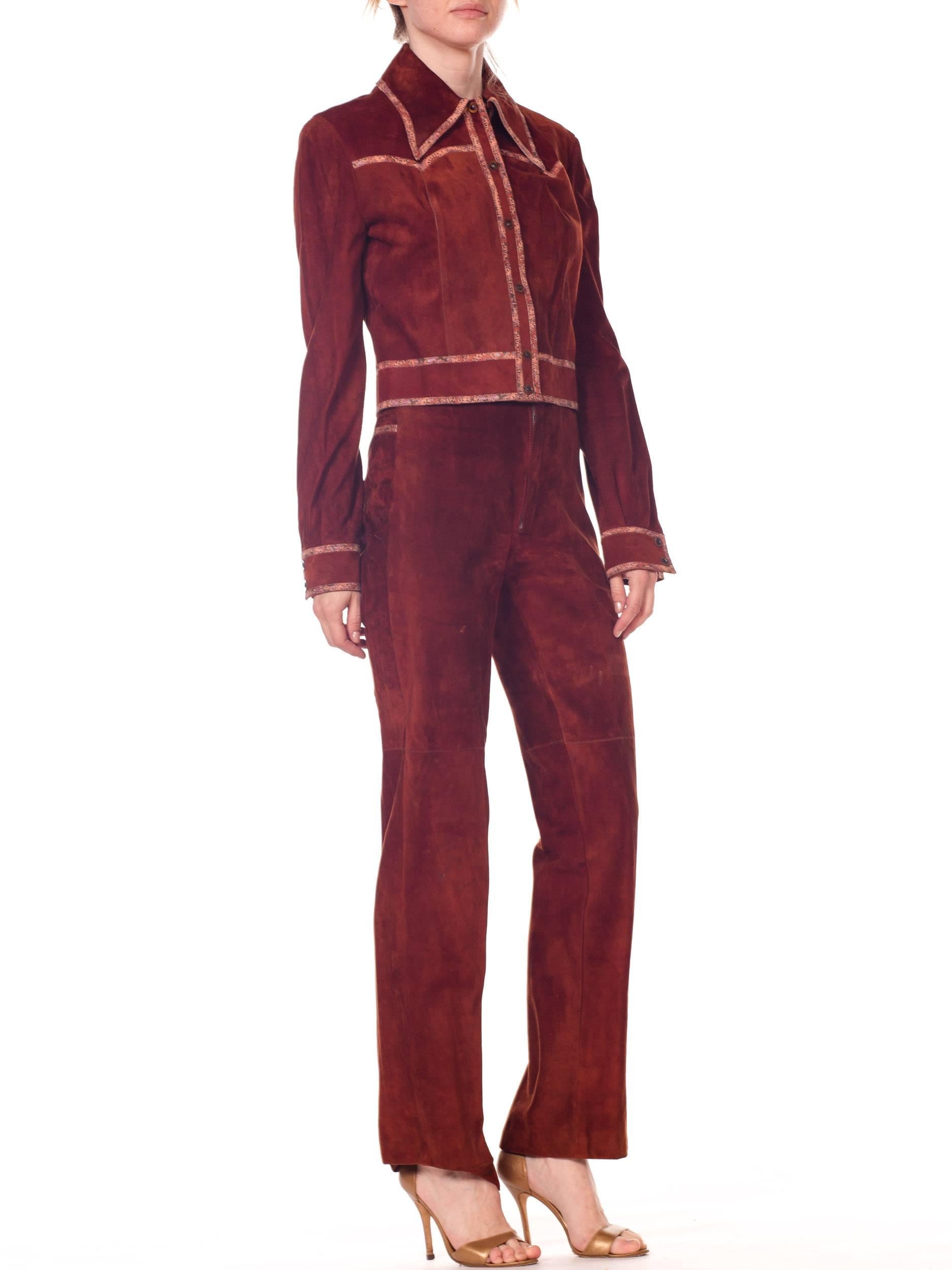 Brown Roberto Cavalli Cognac Suede Pants and Jacket set with printed trims
