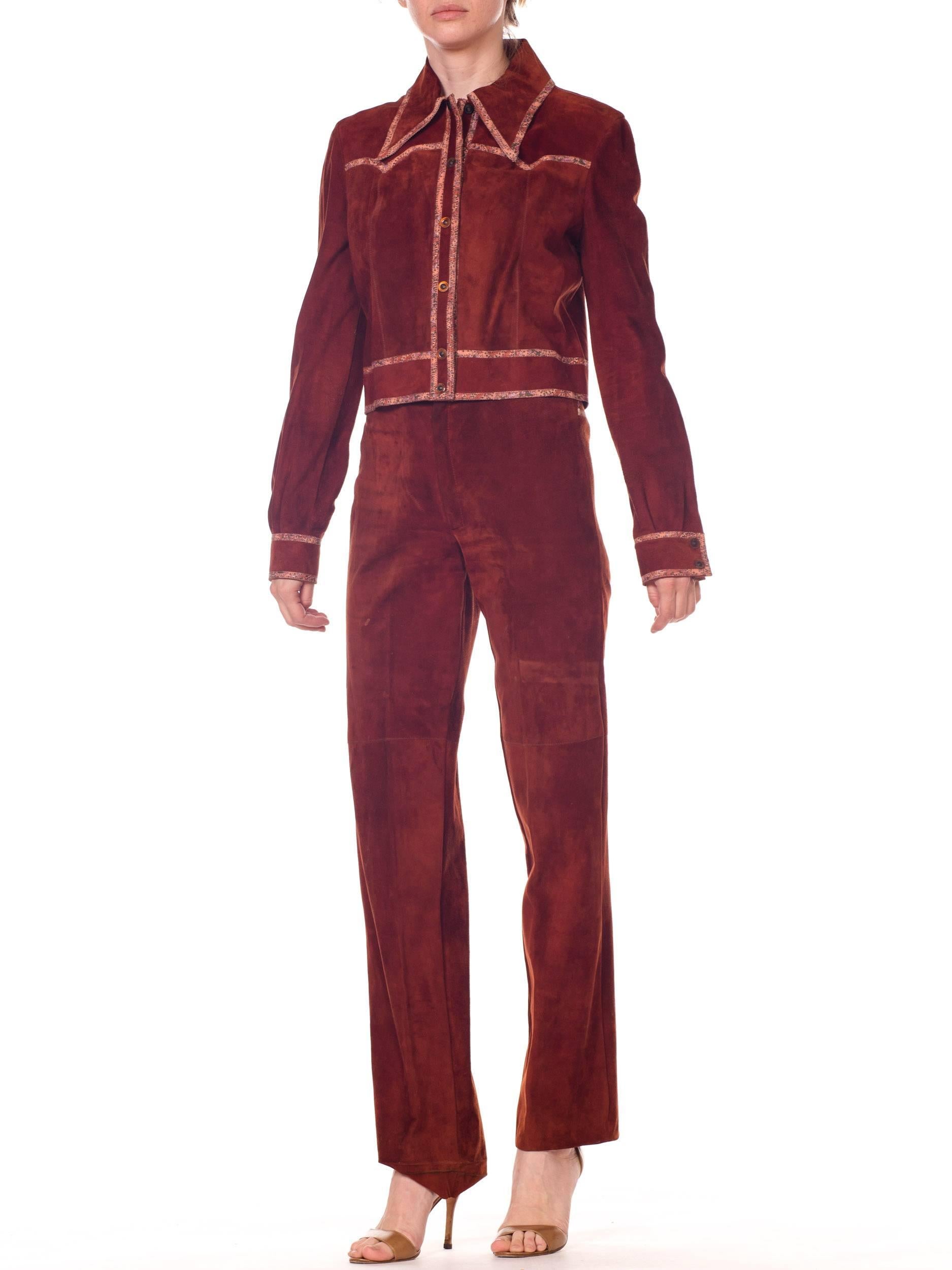 Roberto Cavalli Cognac Suede Pants and Jacket set with printed trims 1970