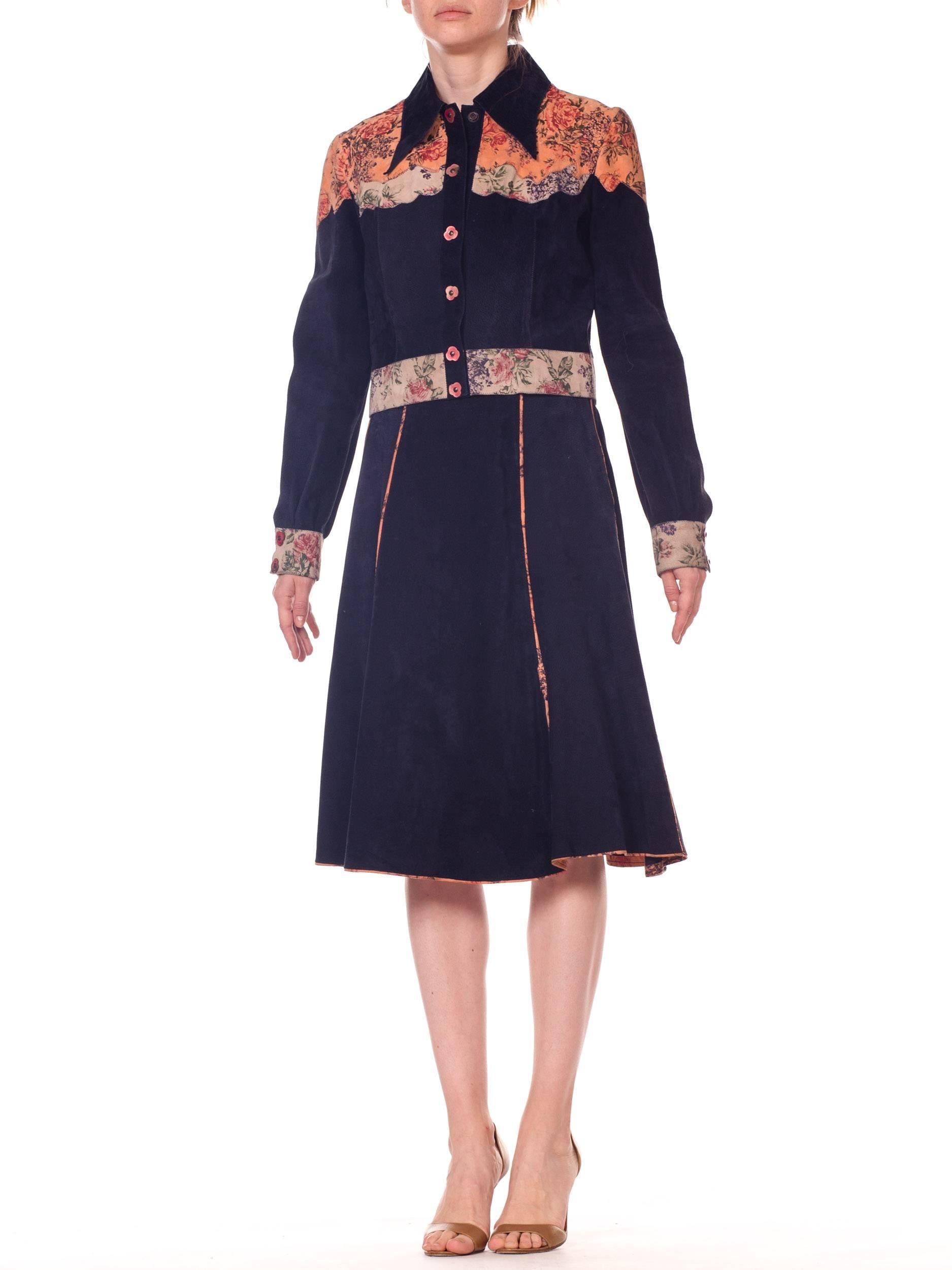 Roberto Cavalli Navy Patterned Suede Panel Cropped Jacket and skirt set.
Hand Painted 1970
