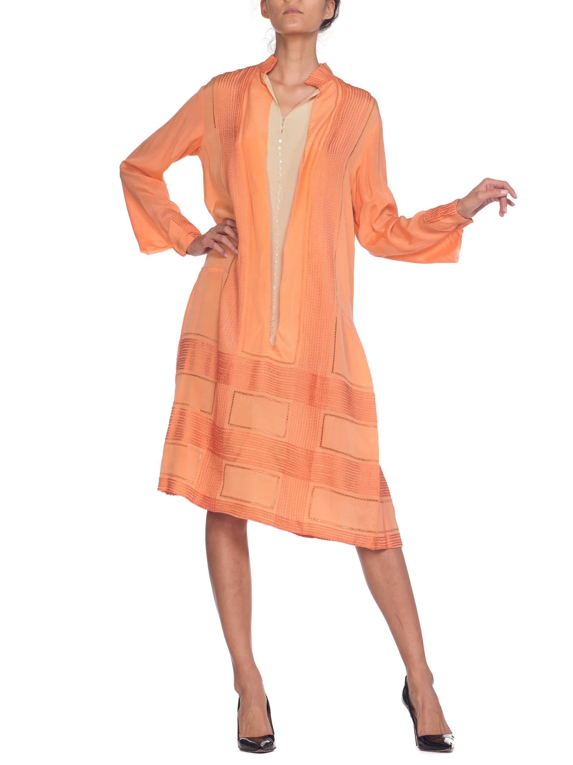 Orange 1920S Coral Embroidered Silk Long Sleeve Drop Waist Dress With Faux Shirt Front For Sale