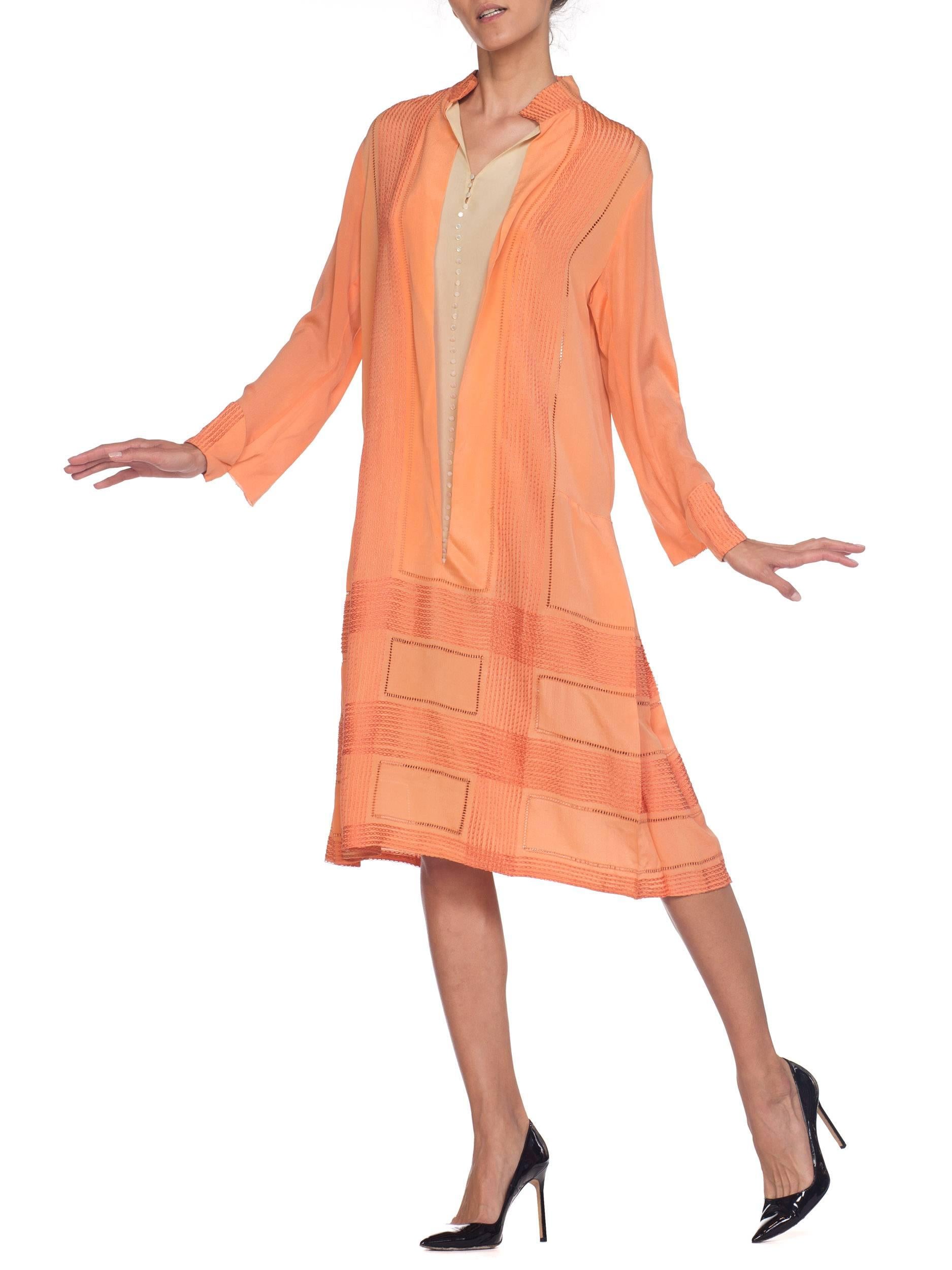 1920S Coral Embroidered Silk Long Sleeve Drop Waist Dress With Faux Shirt Front Detail